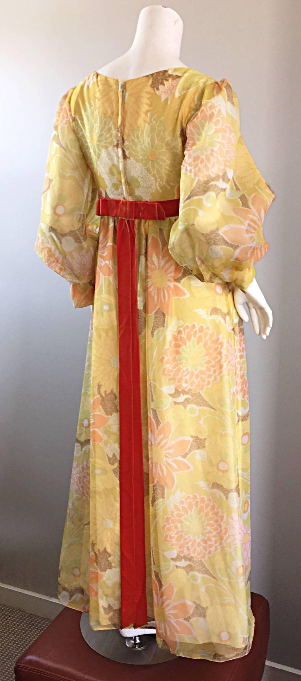 Beautiful 1970s Emma Domb Yellow + Orange Flower Chiffon Long Sleeve Maxi Dress  In Excellent Condition For Sale In San Diego, CA
