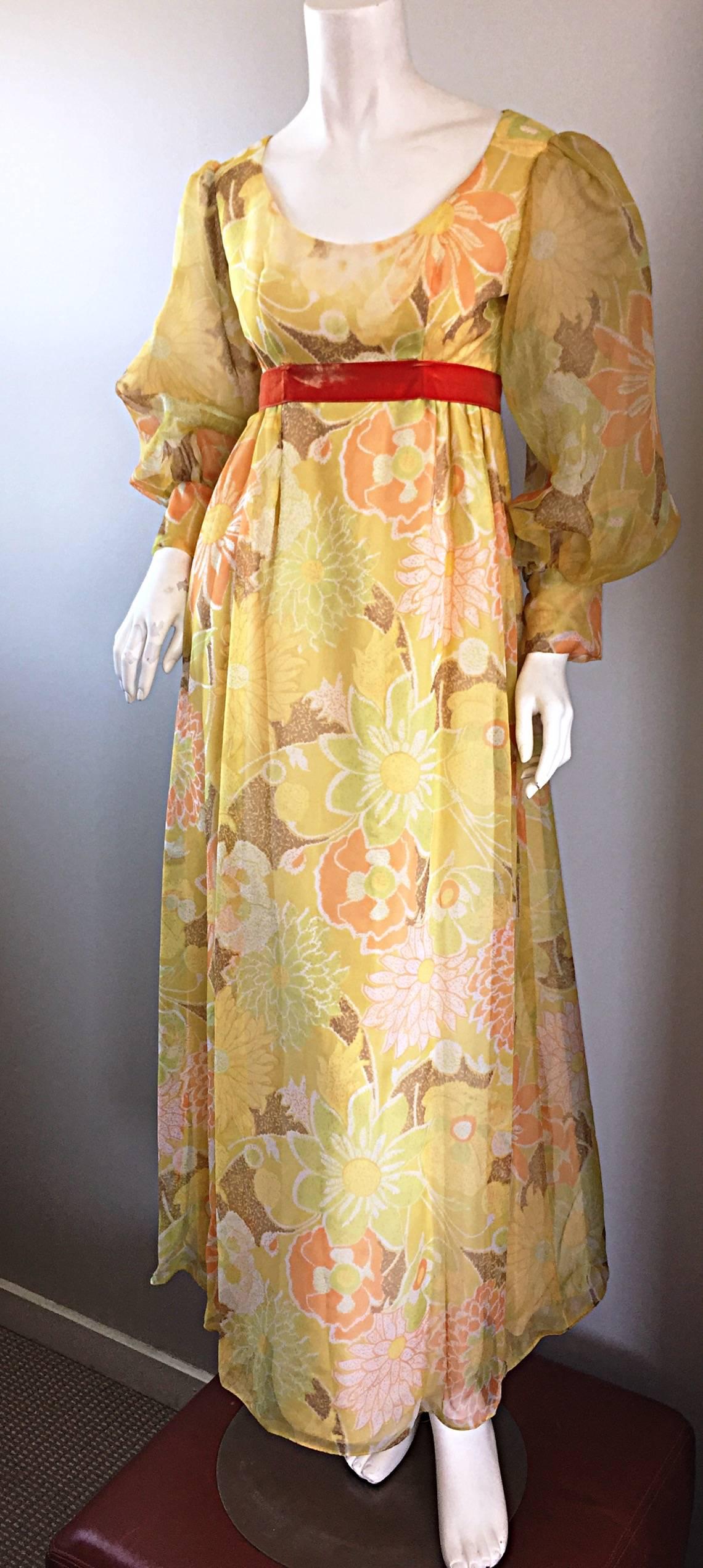 Women's Beautiful 1970s Emma Domb Yellow + Orange Flower Chiffon Long Sleeve Maxi Dress  For Sale