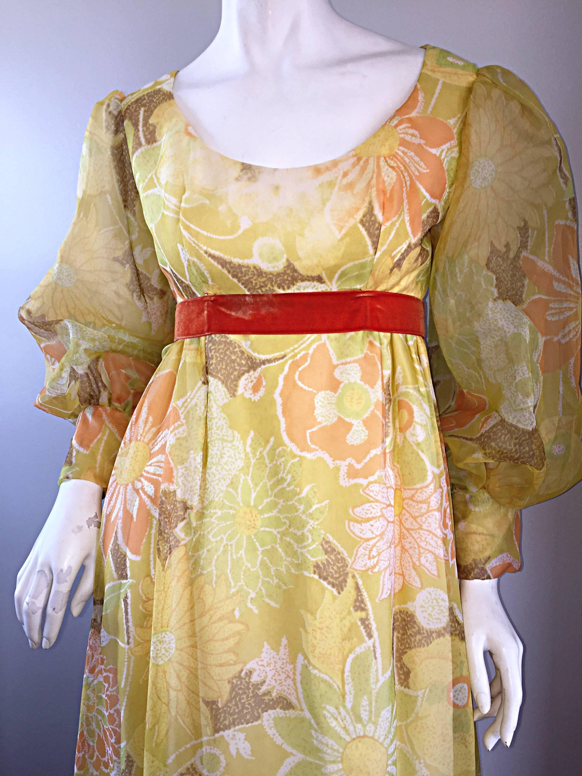 Beige Beautiful 1970s Emma Domb Yellow + Orange Flower Chiffon Long Sleeve Maxi Dress  For Sale