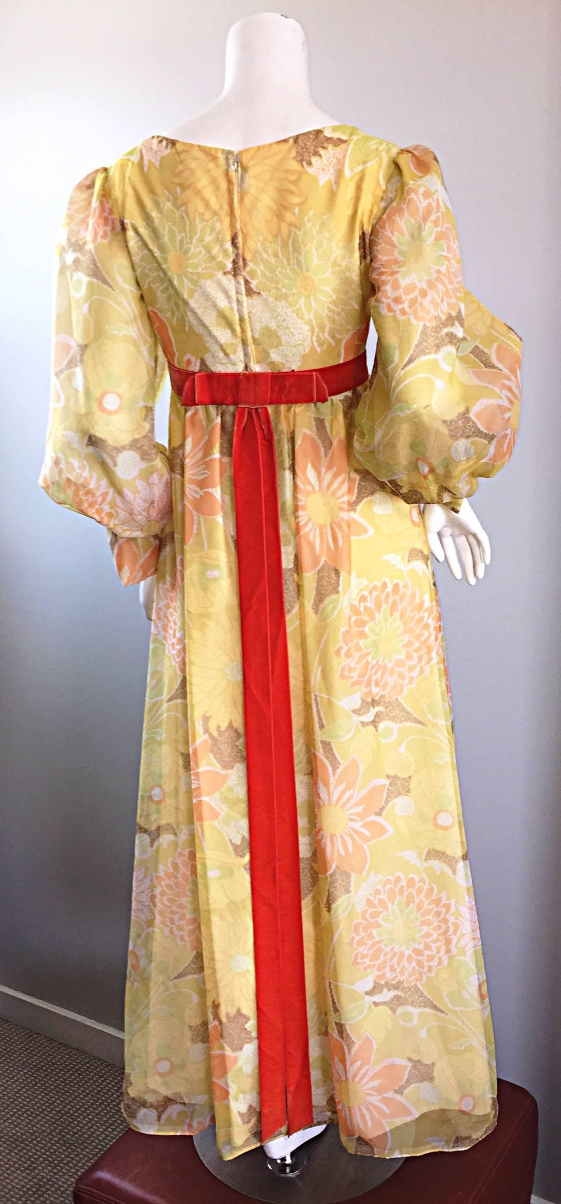 Beautiful 1970s Emma Domb Yellow + Orange Flower Chiffon Long Sleeve Maxi Dress  For Sale 1