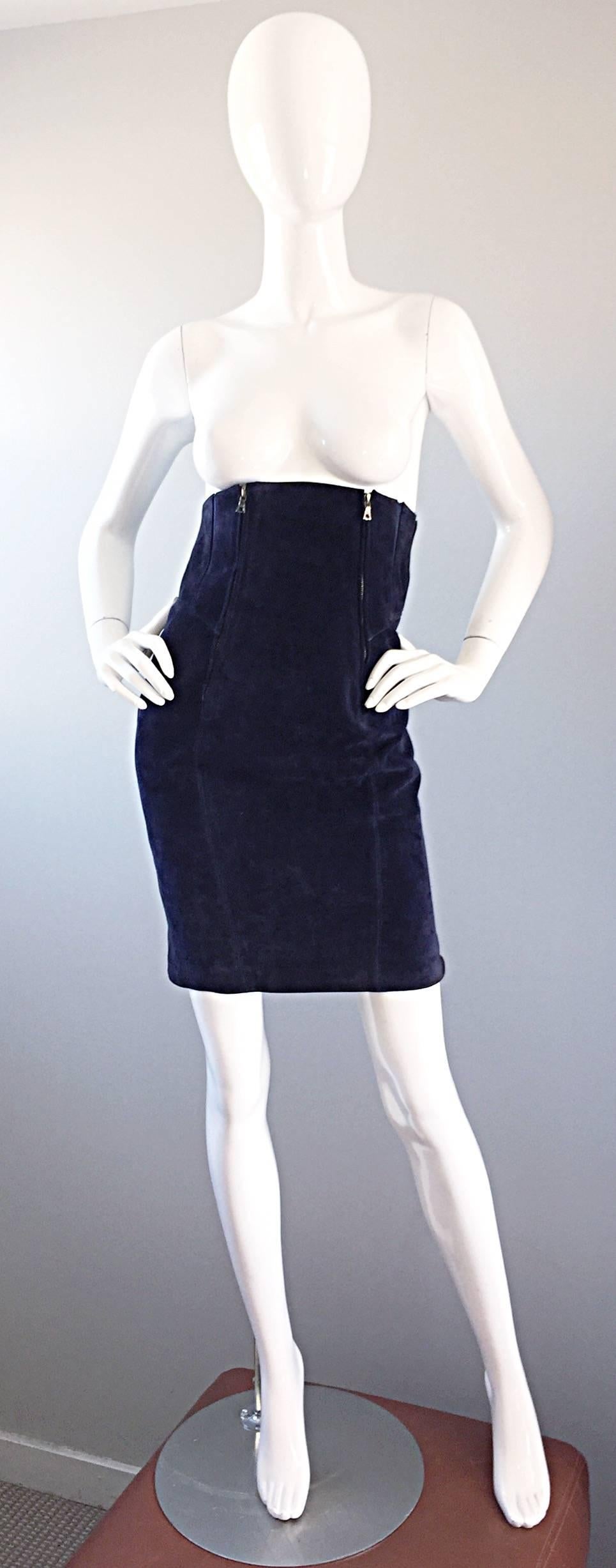 Important rare vintage CLAUDE MONTANA Navy blue suede leather ultra high waisted bodycon skirt! Rich navy blue color, with two full silver metal zippers up each side of the waist. Features two elastic panels at each side of the waist, too. Looks