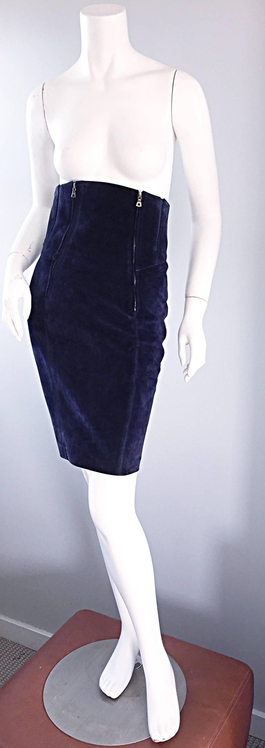 Important Vintage Claude Montana Navy Blue Suede Ultra High Waisted BodyCon Skir 2