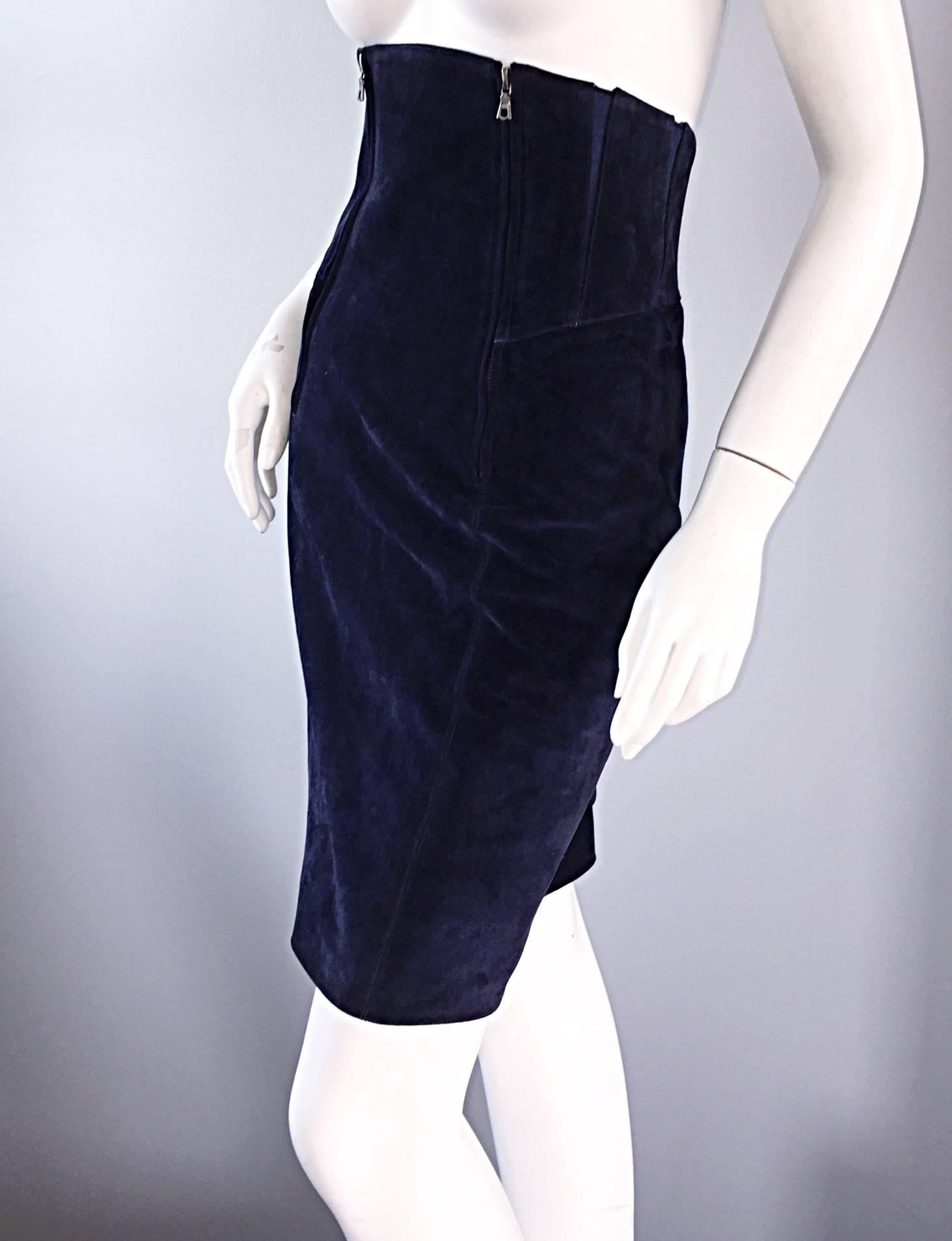 Black Important Vintage Claude Montana Navy Blue Suede Ultra High Waisted BodyCon Skir