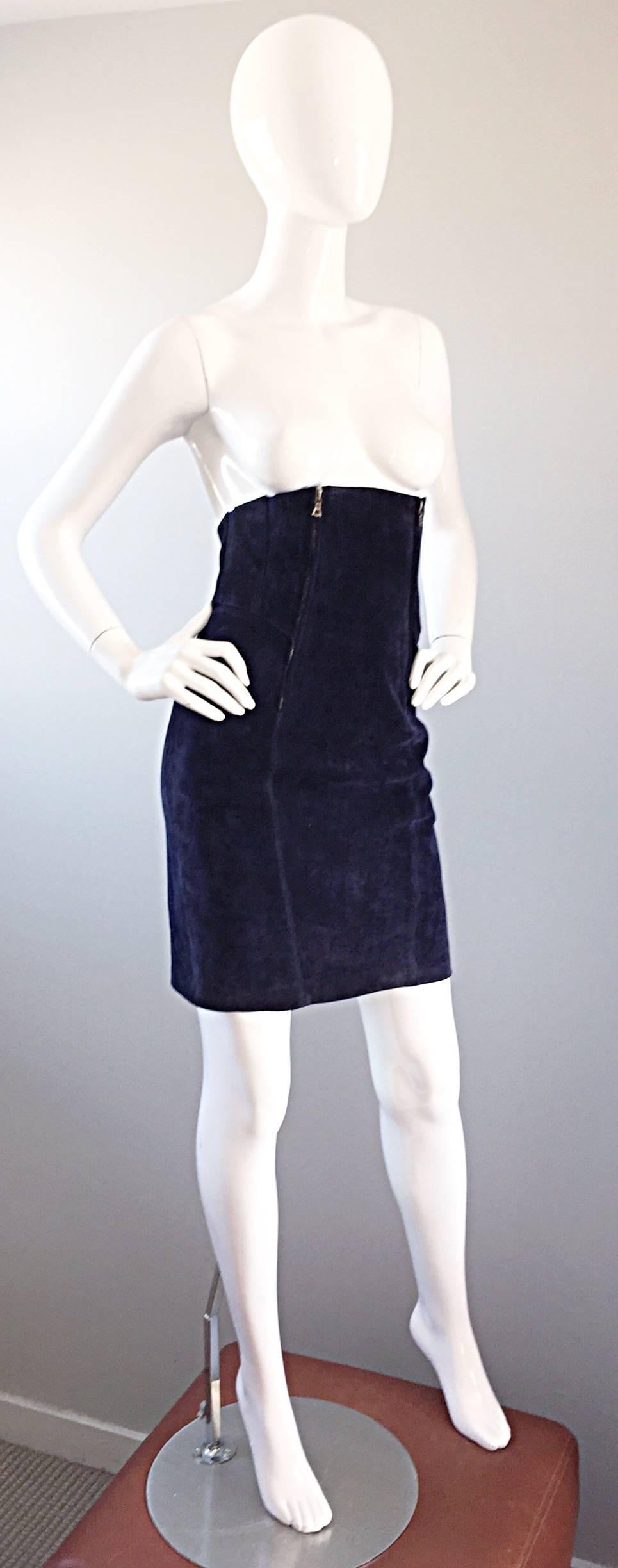 Important Vintage Claude Montana Navy Blue Suede Ultra High Waisted BodyCon Skir In Excellent Condition In San Diego, CA
