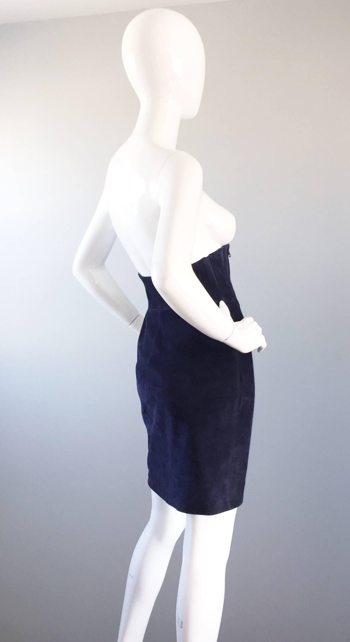 Important Vintage Claude Montana Navy Blue Suede Ultra High Waisted BodyCon Skir 1