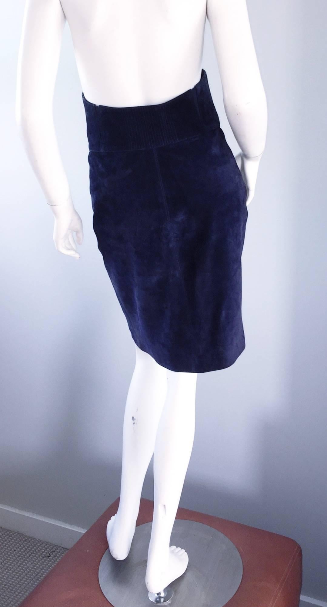 Women's Important Vintage Claude Montana Navy Blue Suede Ultra High Waisted BodyCon Skir