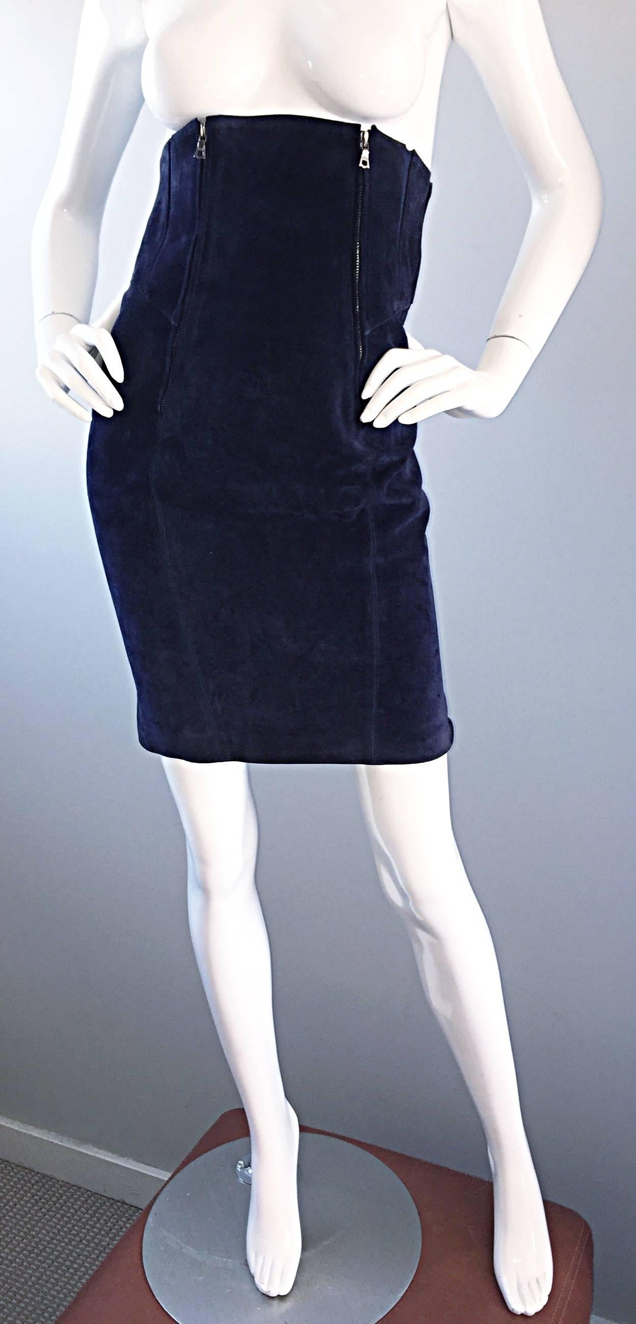 Important Vintage Claude Montana Navy Blue Suede Ultra High Waisted BodyCon Skir 4