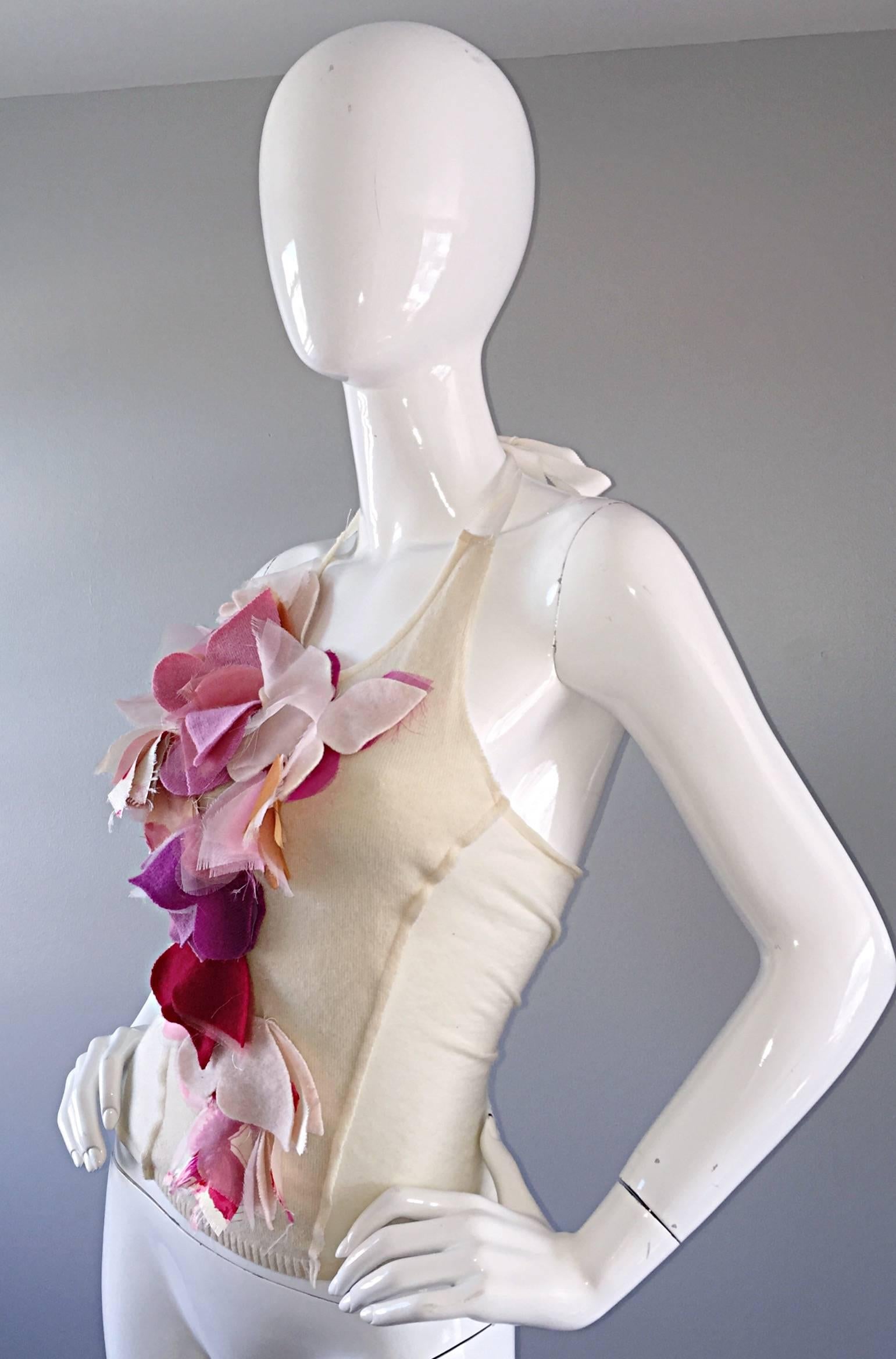 Women's Rare Koi Suwannagate Ivory Cashmere Halter Top w/ Pink Origami Appliques