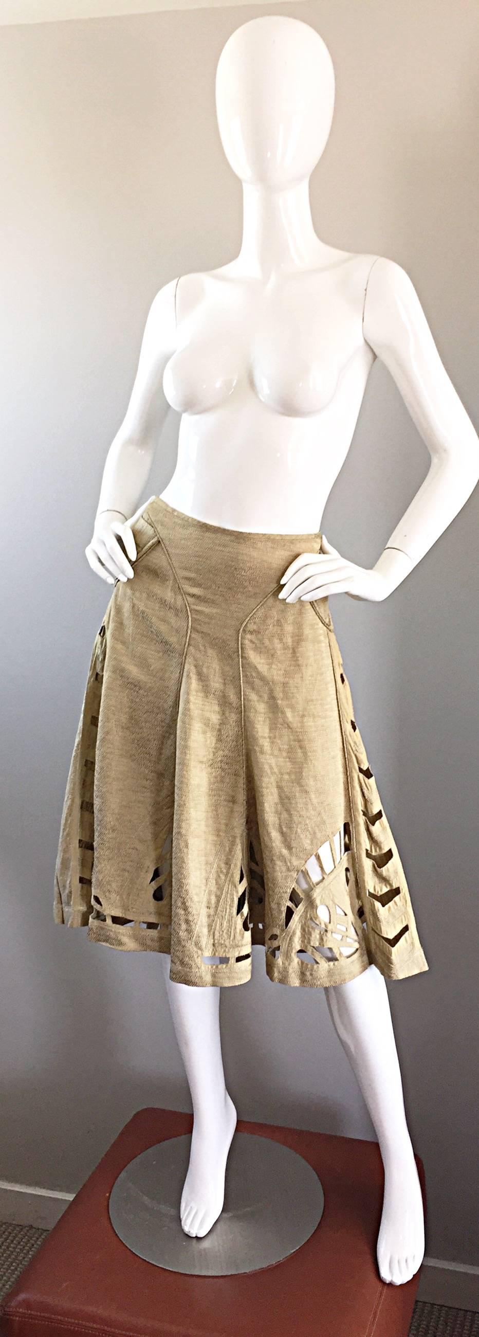 Zac Posen Khaki Linen + Cotton Crochet Cut - Out Size 12 Full A - Line Skirt For Sale 2