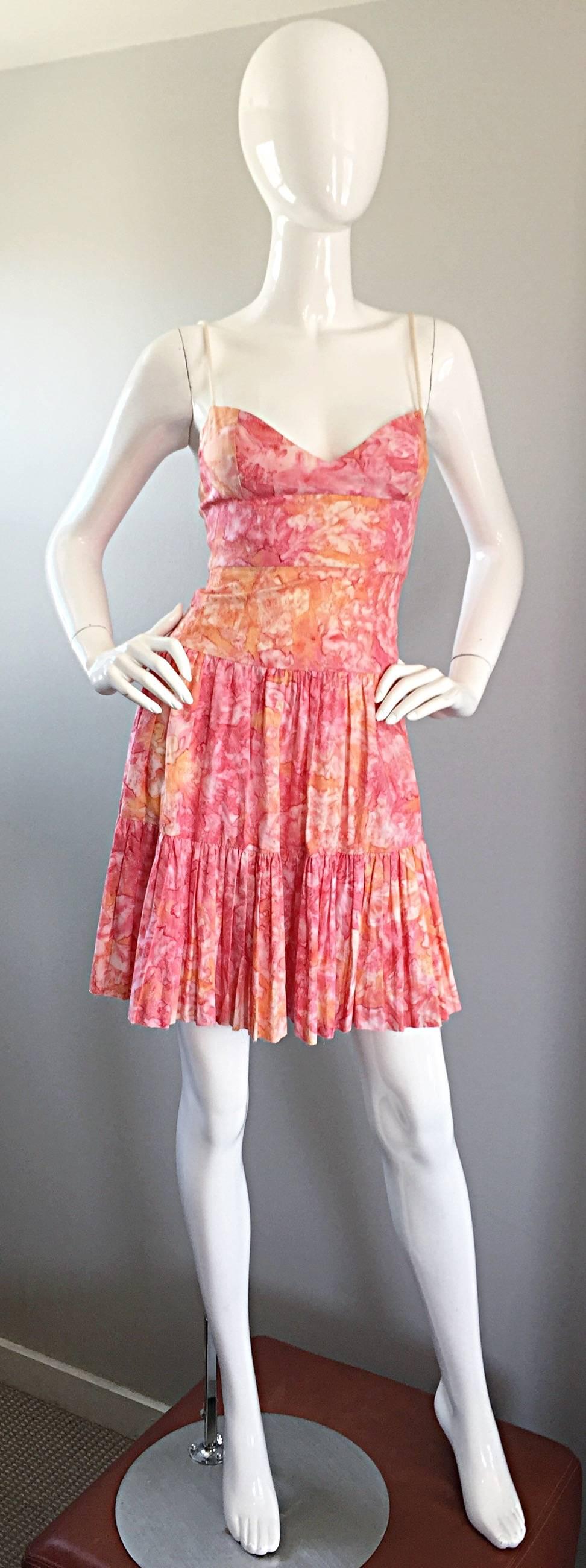 Tracy Feith Pink + Orange + White Watercolor print Tiered Dress w/ Rope Sleeves For Sale 2