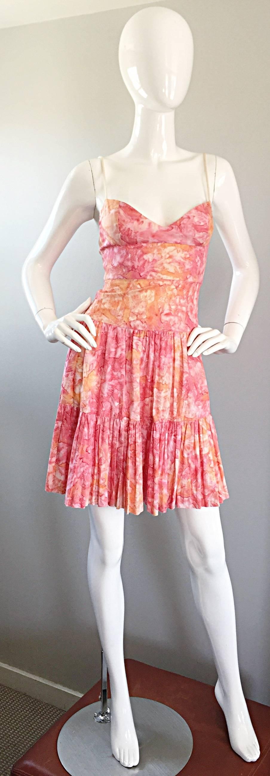 Tracy Feith Pink + Orange + White Watercolor print Tiered Dress w/ Rope Sleeves In Excellent Condition For Sale In San Diego, CA