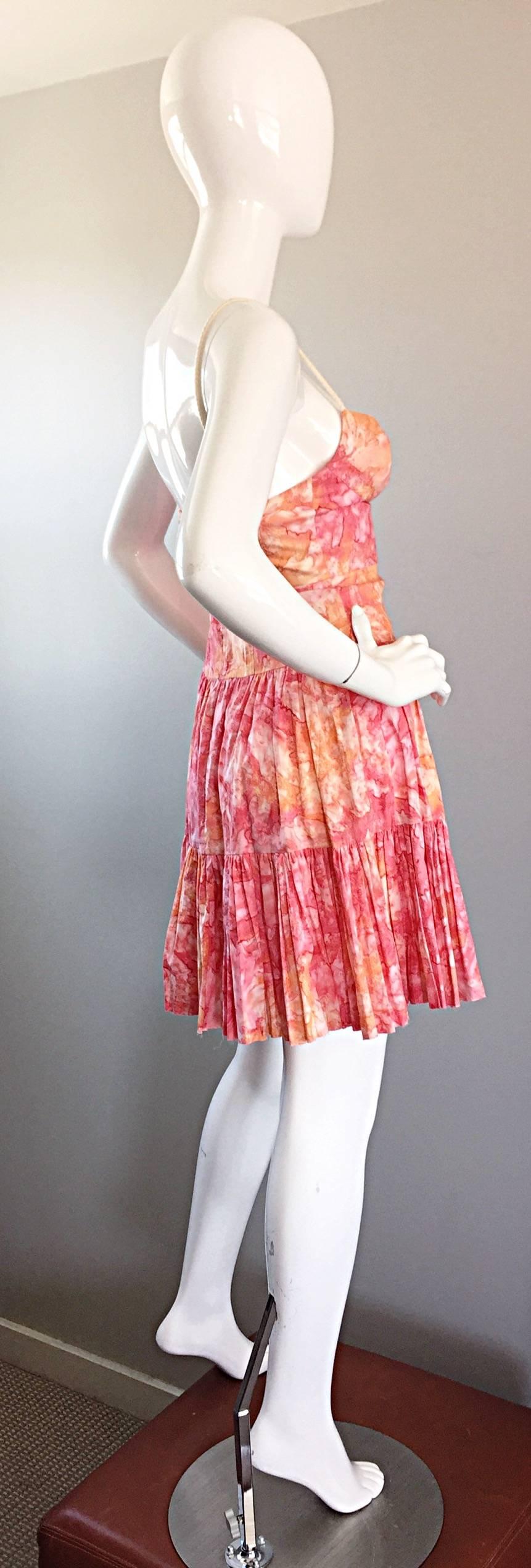 Tracy Feith Pink + Orange + White Watercolor print Tiered Dress w/ Rope Sleeves For Sale 1