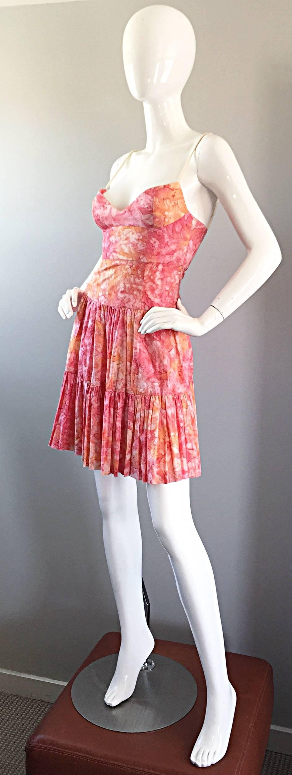 Women's Tracy Feith Pink + Orange + White Watercolor print Tiered Dress w/ Rope Sleeves For Sale