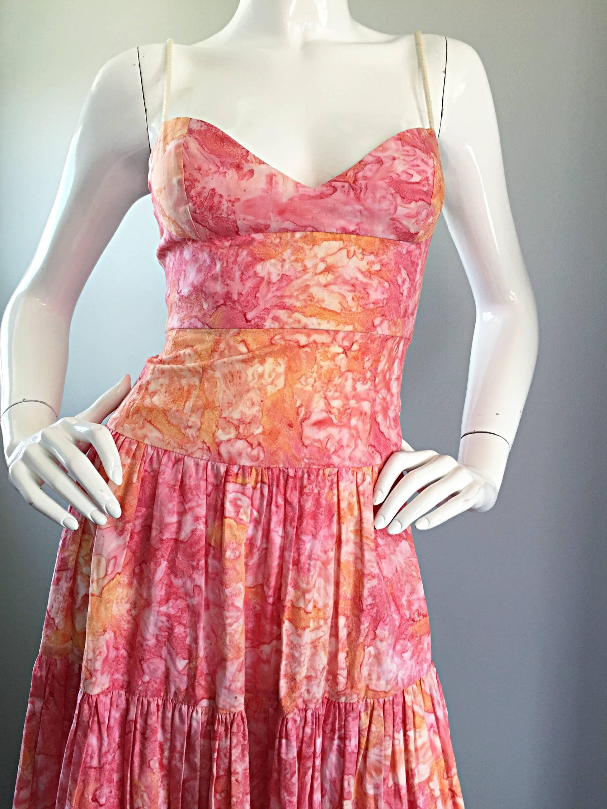 pink orange watercolor print tiered maxi dress