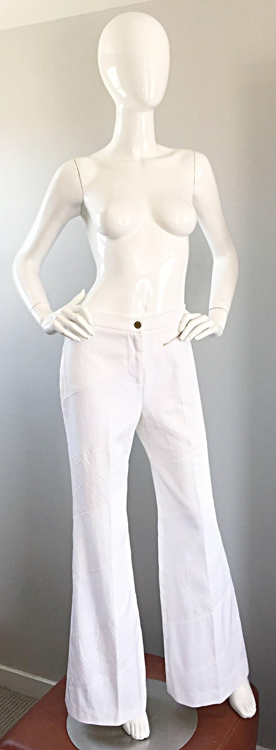Stunning (never worn) CHLOE, by PHOEBE PHILO white embroidered cotton flat front high waisted wide leg trousers! Features gold zipper on the front left leg and right back buttocks. Diagonal embroidered patches throughout. Fully lined (lining is