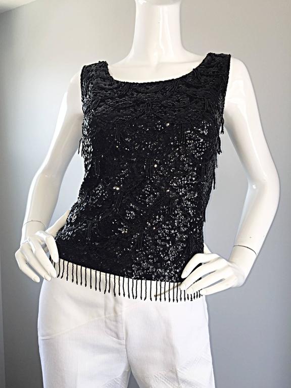 Vintage Hand Decorated Beauty Black Beaded Sequin Pure Wool Sleeveless Top 60’s Mod Kleding Dameskleding Tops & T-shirts Blouses 