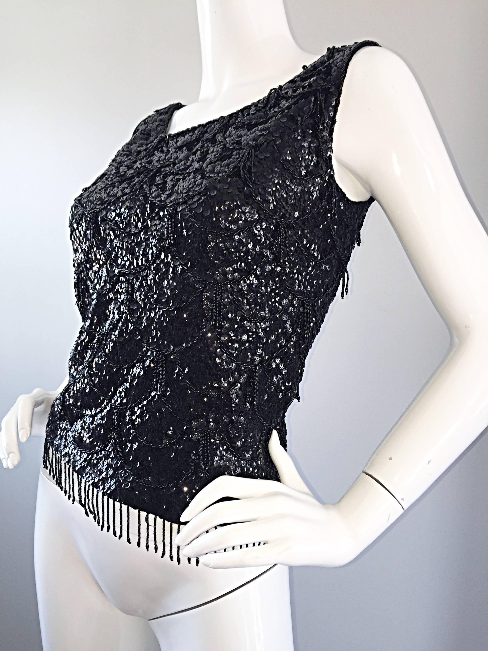Beautiful 1950s Black Sequin Hand Beaded Wool 50s Vintage Sleeveless Top Blouse In Excellent Condition In San Diego, CA