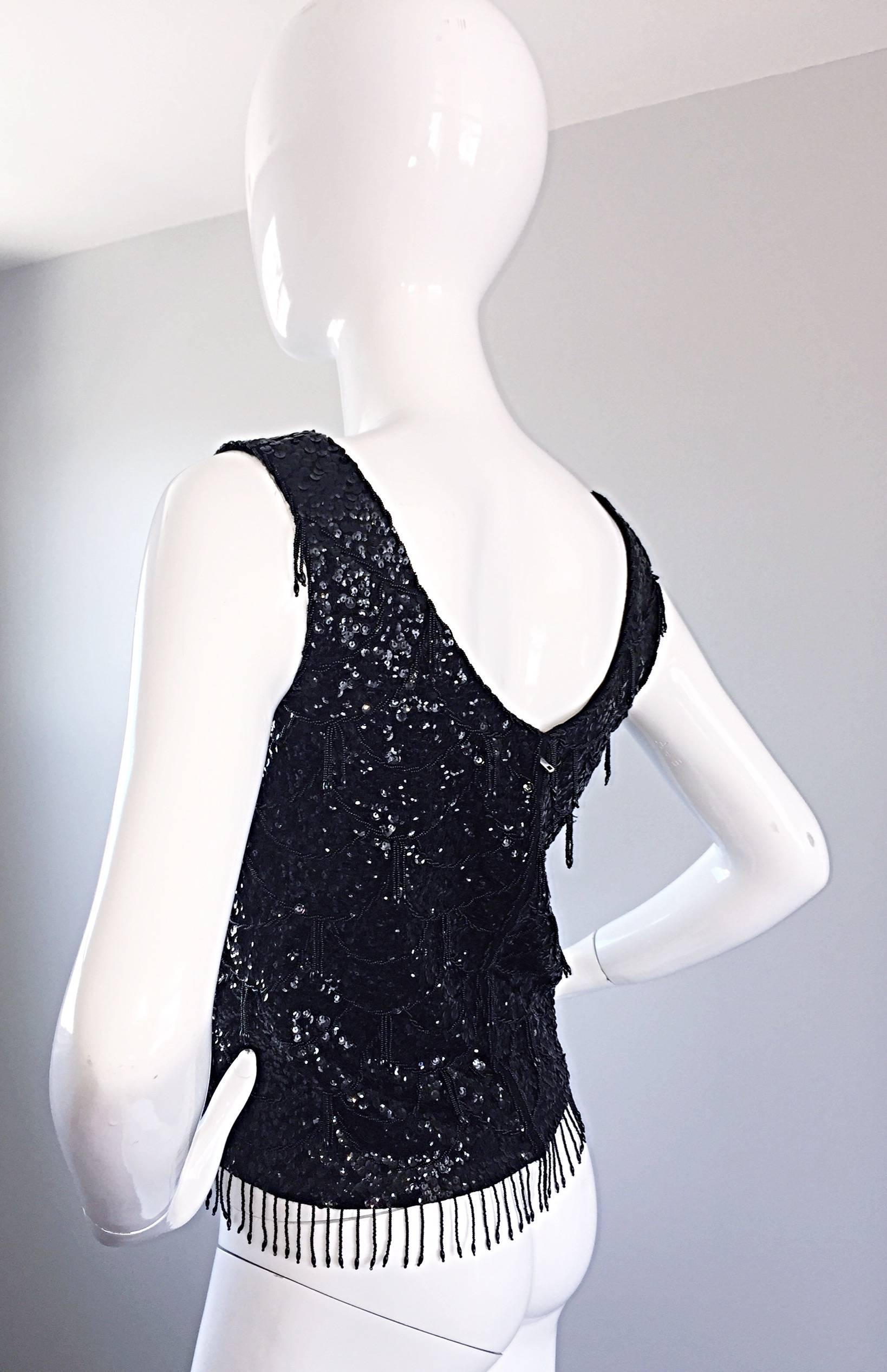 Women's Beautiful 1950s Black Sequin Hand Beaded Wool 50s Vintage Sleeveless Top Blouse