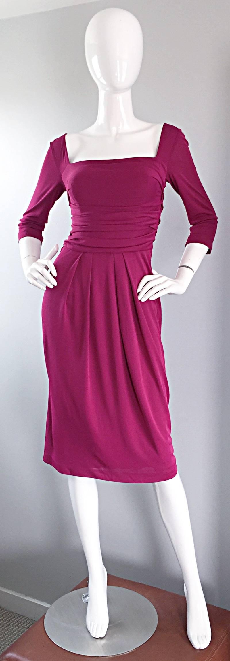 Beautiful brand new with tags 90s ALBERTA FERRETTI raspberry pink jersey dress! 3/4 sleeves make this beauty easy to wear all year. Beautiful drapes and pleats that really flatter the body. Hidden zipper up the side, with hook-and-eye closure. The