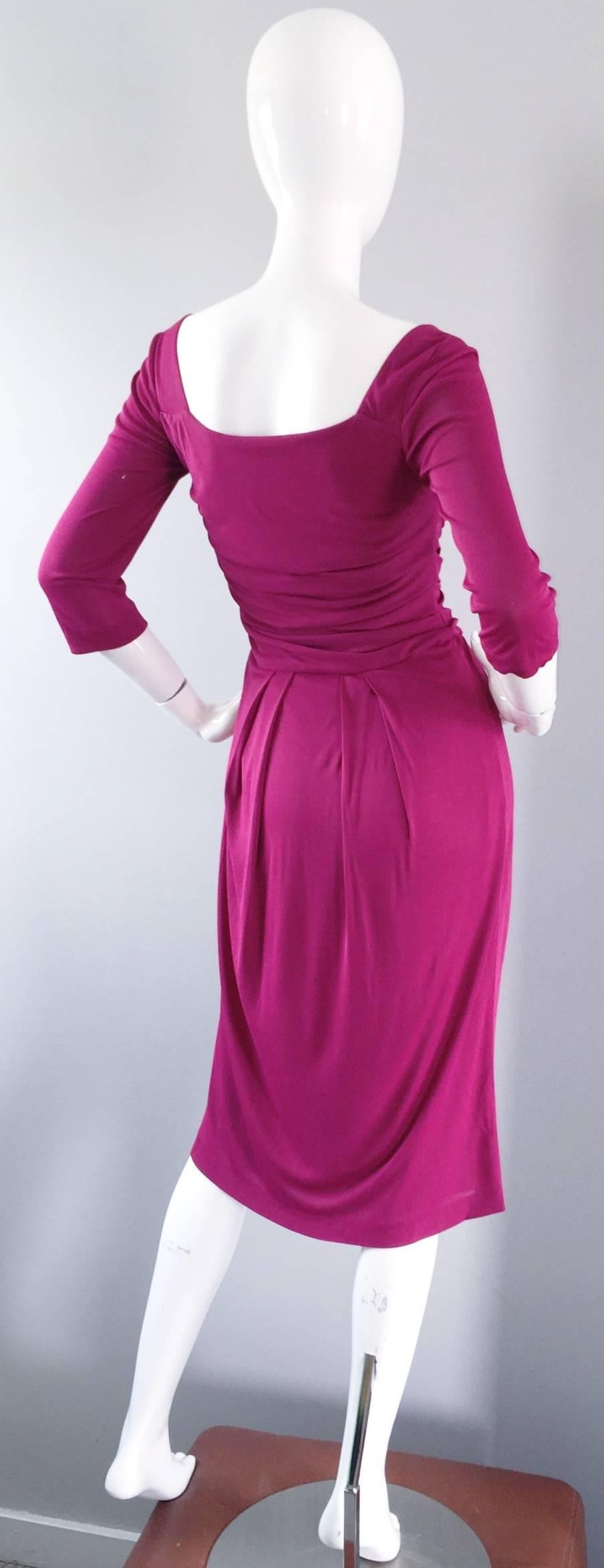 Women's NWT 1990s Alberta Ferretti Raspberry Pink 3/4 Sleeves Vintage Jersey Dress
