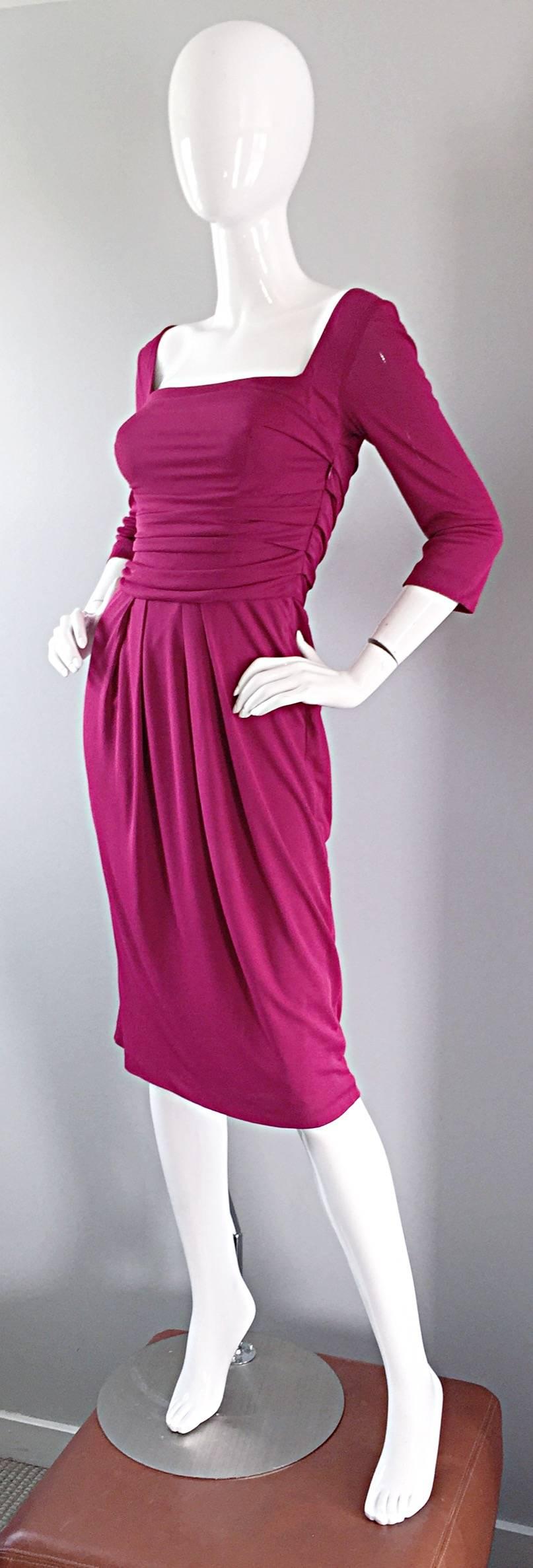 NWT 1990s Alberta Ferretti Raspberry Pink 3/4 Sleeves Vintage Jersey Dress 2