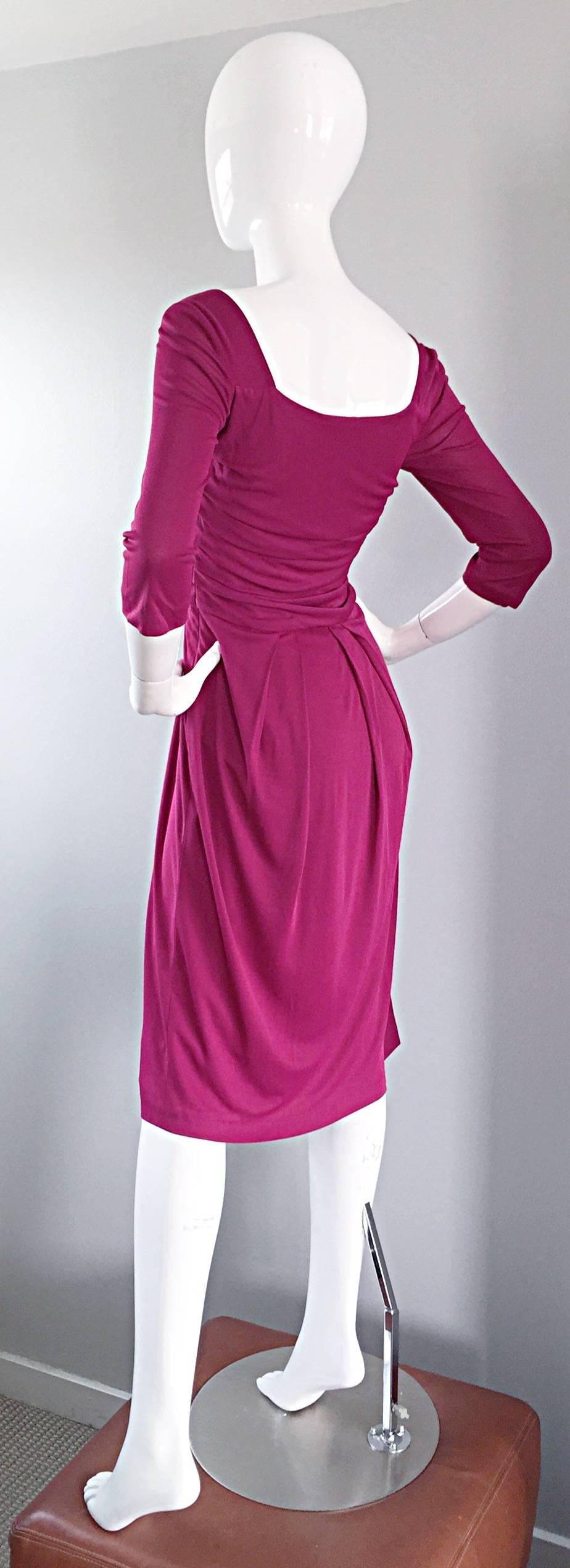 Red NWT 1990s Alberta Ferretti Raspberry Pink 3/4 Sleeves Vintage Jersey Dress