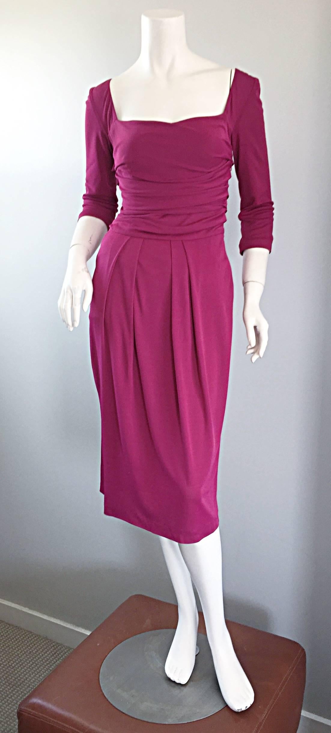 NWT 1990s Alberta Ferretti Raspberry Pink 3/4 Sleeves Vintage Jersey Dress In New Condition In San Diego, CA