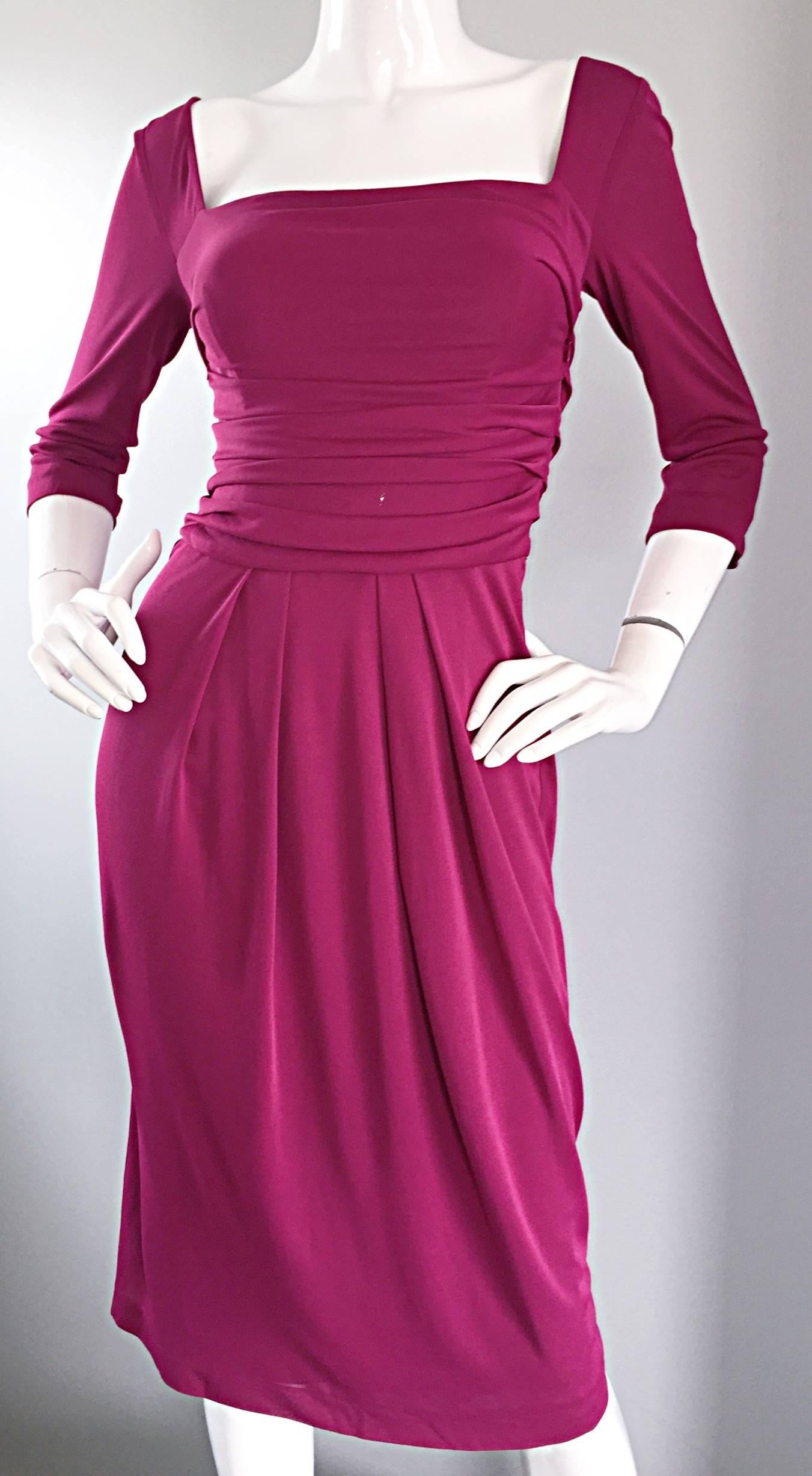 NWT 1990s Alberta Ferretti Raspberry Pink 3/4 Sleeves Vintage Jersey Dress 1