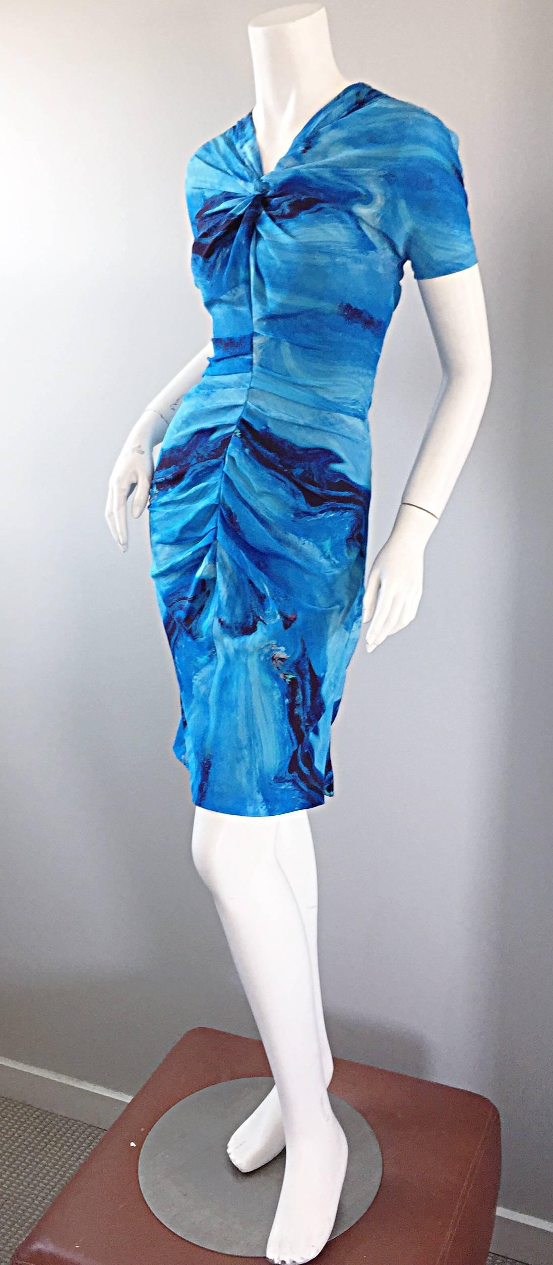 Vera Wang Collection 1990s Rare ' Ocean Wave ' Print 100% Silk 90s Ruched Dress 2
