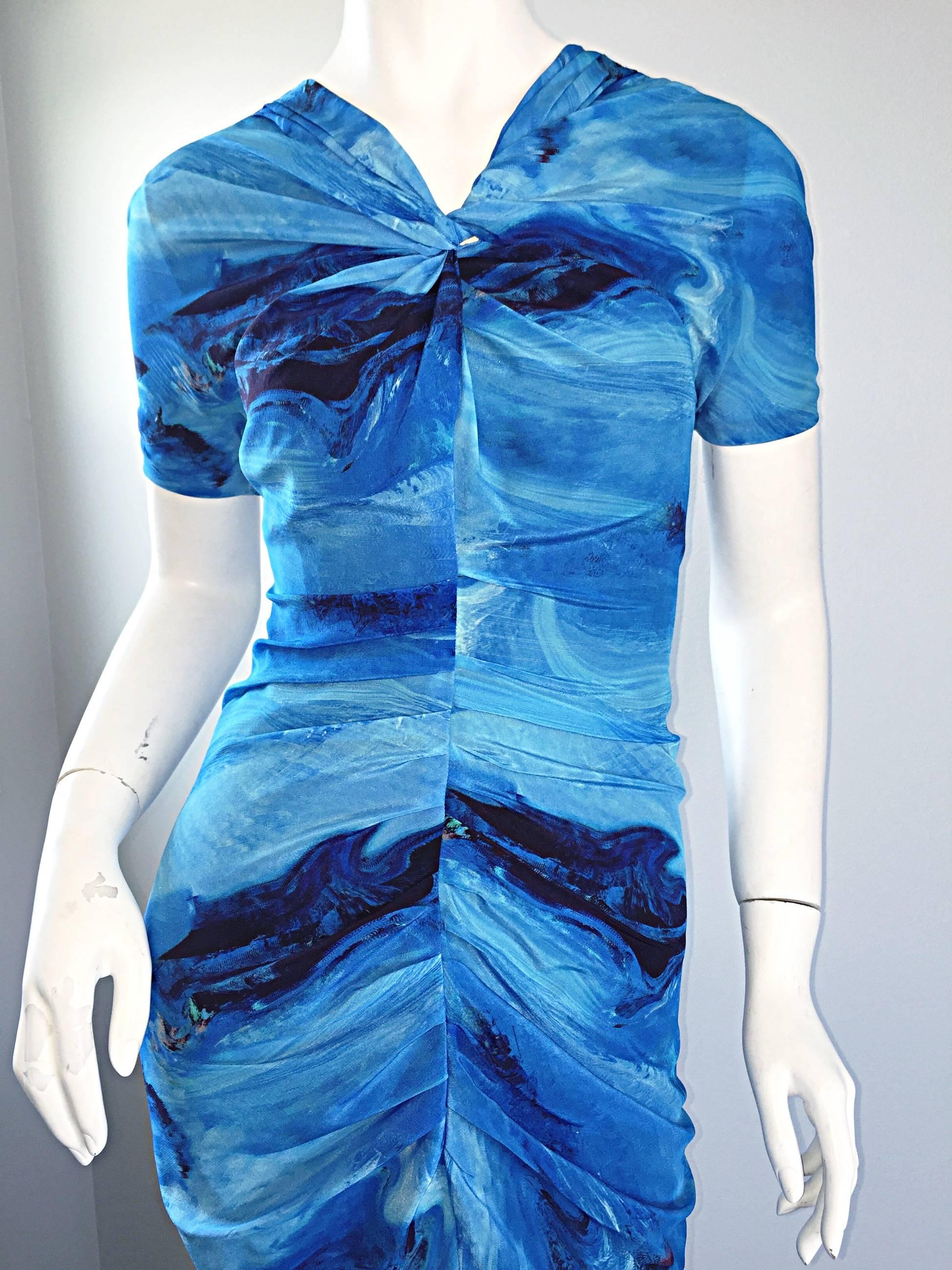 Blue Vera Wang Collection 1990s Rare ' Ocean Wave ' Print 100% Silk 90s Ruched Dress