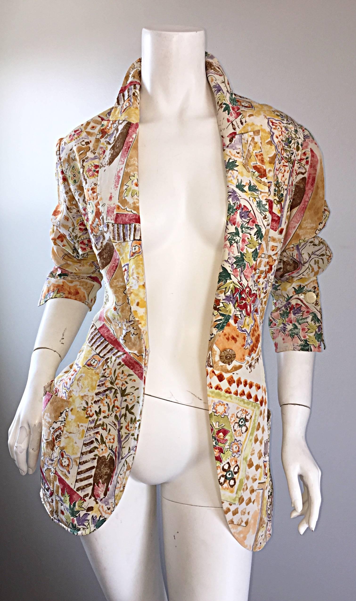 Emanuel Ungaro Vintage ' Garden Print ' Lightweight Silk Floral Blazer Jacket In Excellent Condition In San Diego, CA