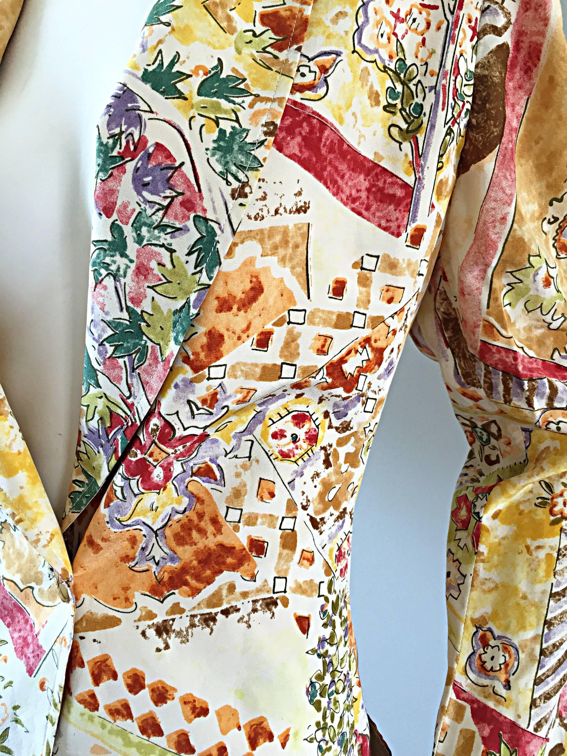 Brown Emanuel Ungaro Vintage ' Garden Print ' Lightweight Silk Floral Blazer Jacket