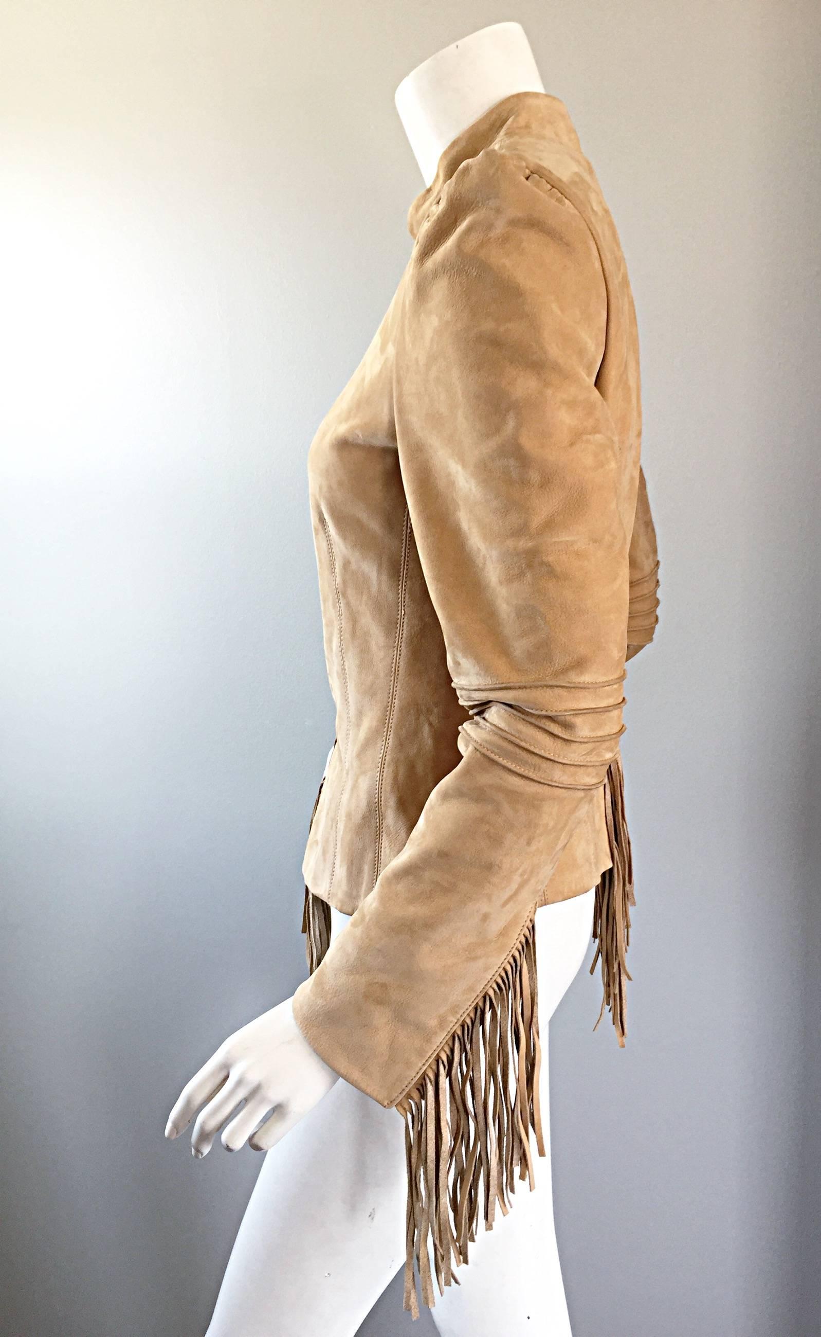 Fantastic Katayone Adeli Tan Butter Soft Leather Fringe Jacket w/ Fringed Back In New Condition In San Diego, CA