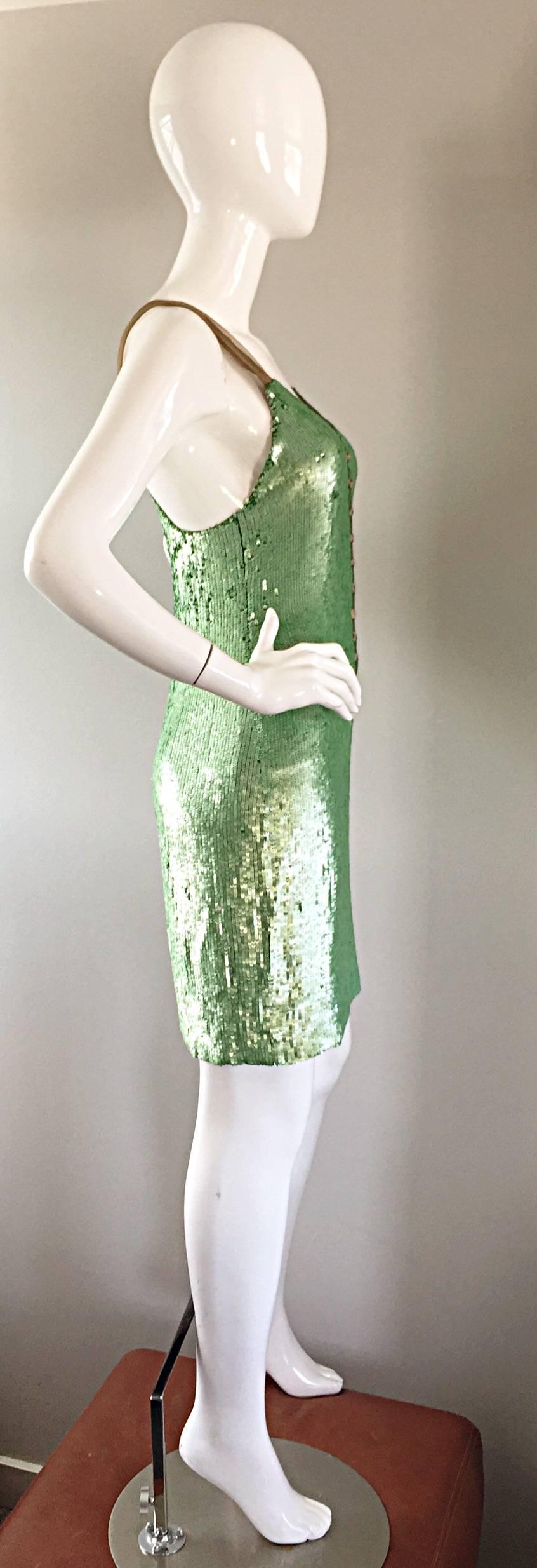 Yigal Azrouel Spring 2008 Runway Green Sequin Nude Silk Racerback Dress For Sale 3