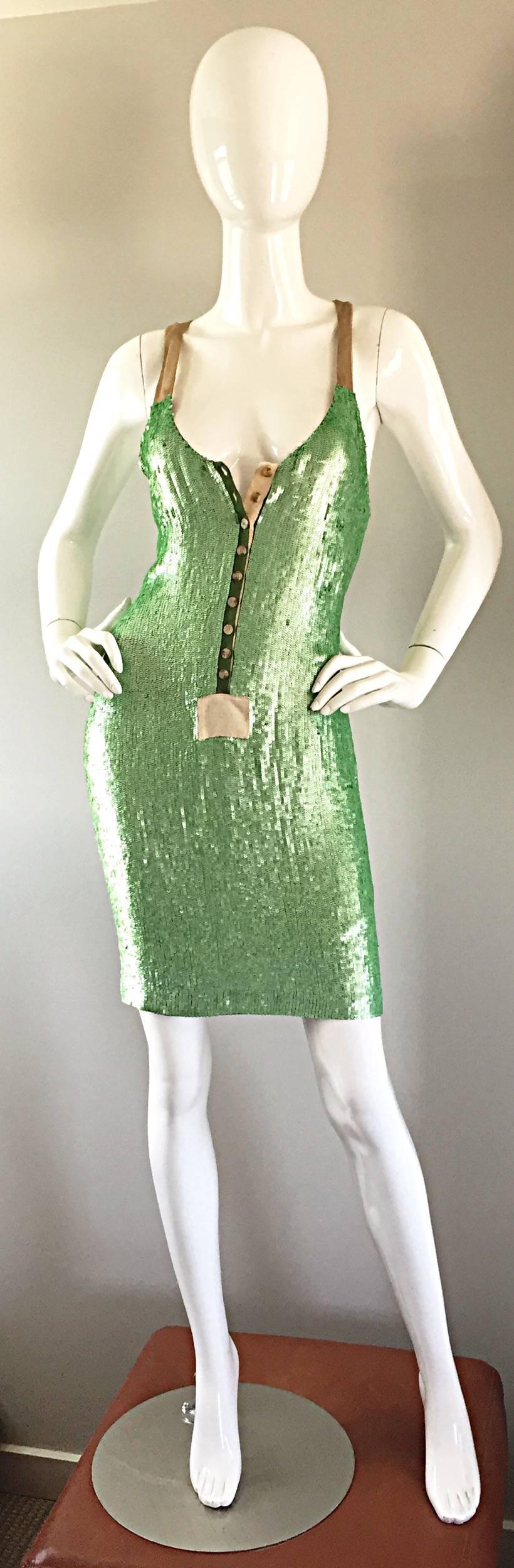 Yigal Azrouel Spring 2008 Runway Green Sequin Nude Silk Racerback Dress For Sale 2