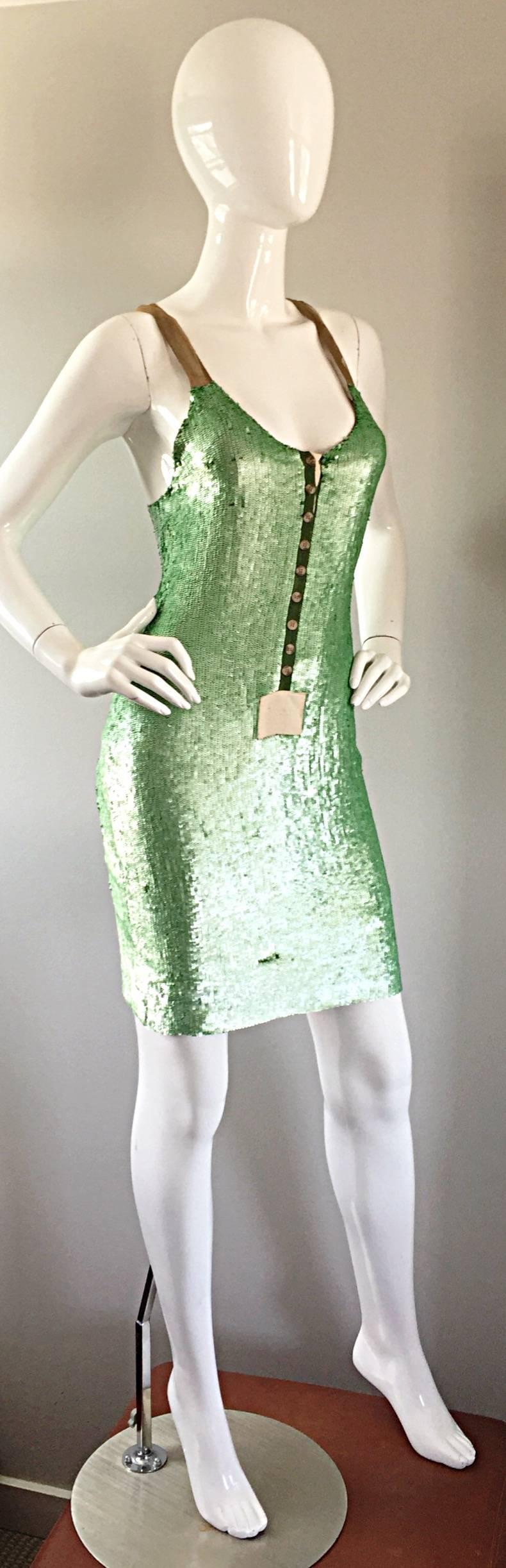 Yigal Azrouel Spring 2008 Runway Green Sequin Nude Silk Racerback Dress In Excellent Condition For Sale In San Diego, CA