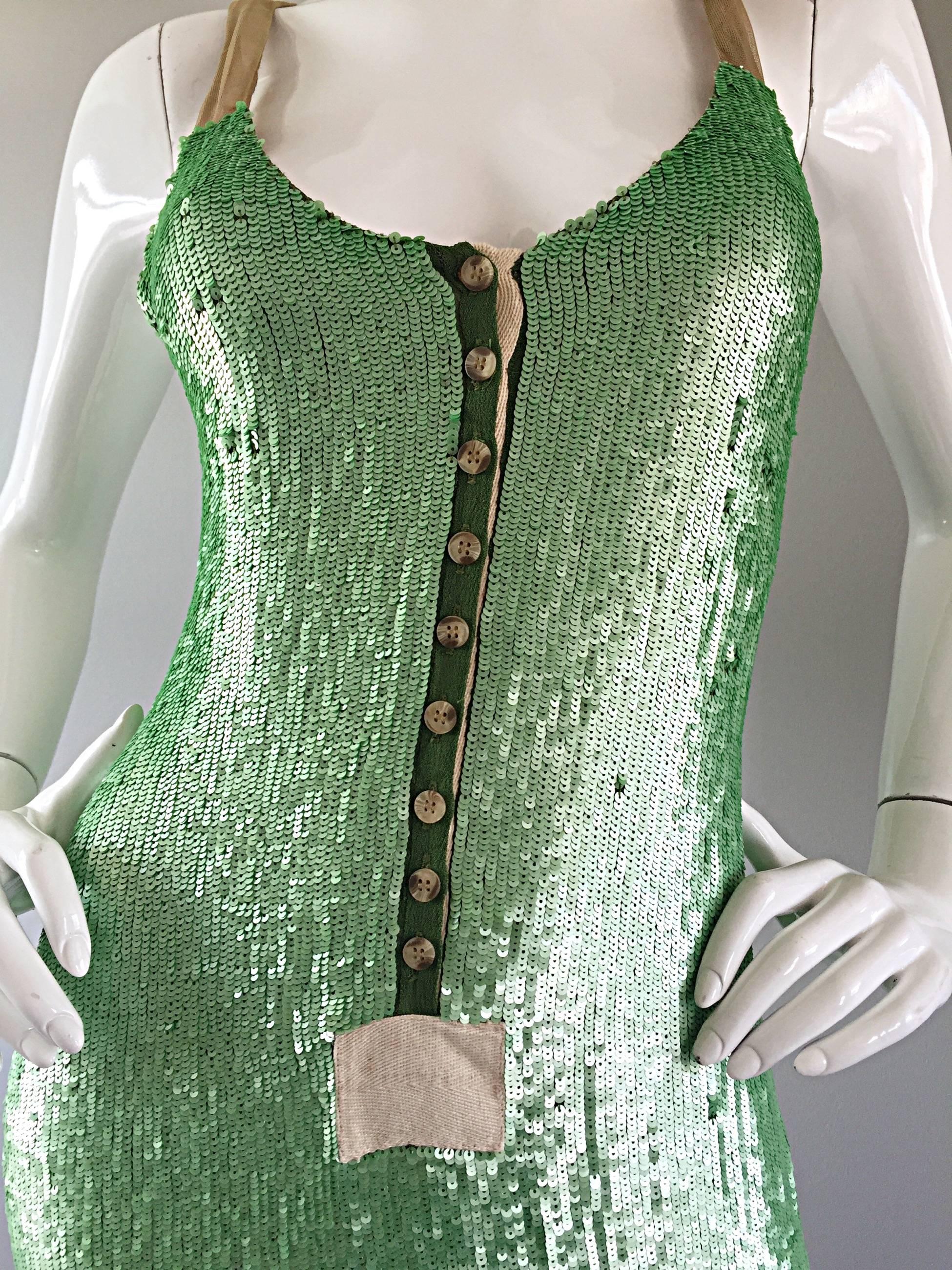 Yigal Azrouel Spring 2008 Runway Green Sequin Nude Silk Racerback Dress For Sale 1