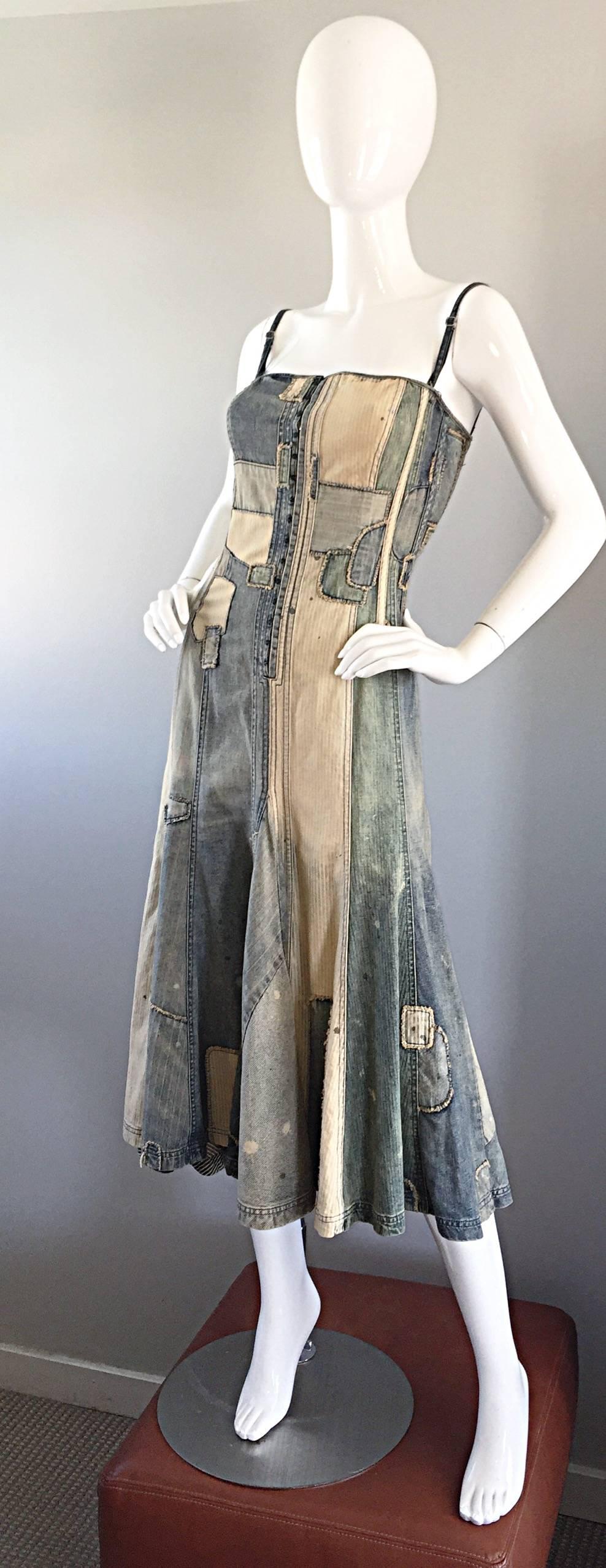 Rare Ralph Lauren ' Blue Label ' 1990s Patchwork Distressed Denim Corset Dress In Excellent Condition In San Diego, CA