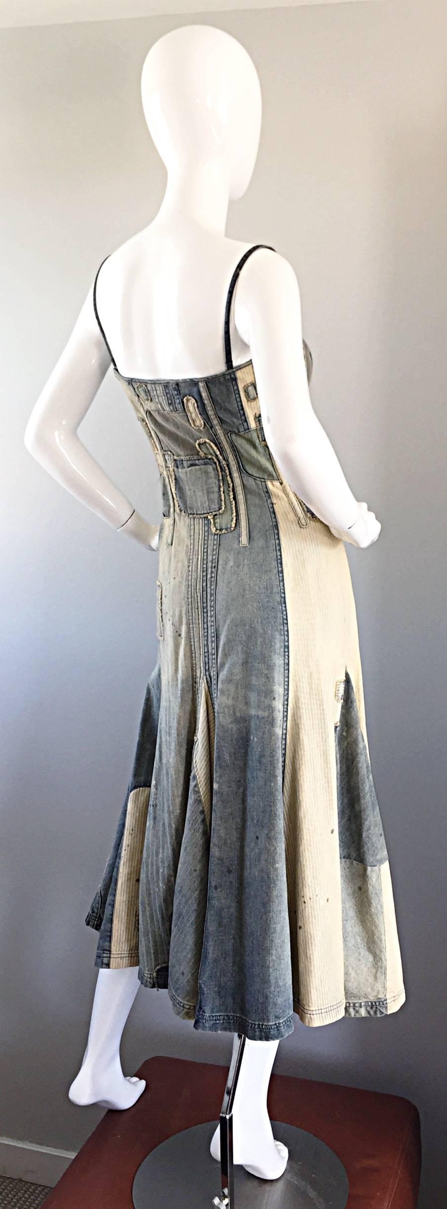 Gray Rare Ralph Lauren ' Blue Label ' 1990s Patchwork Distressed Denim Corset Dress