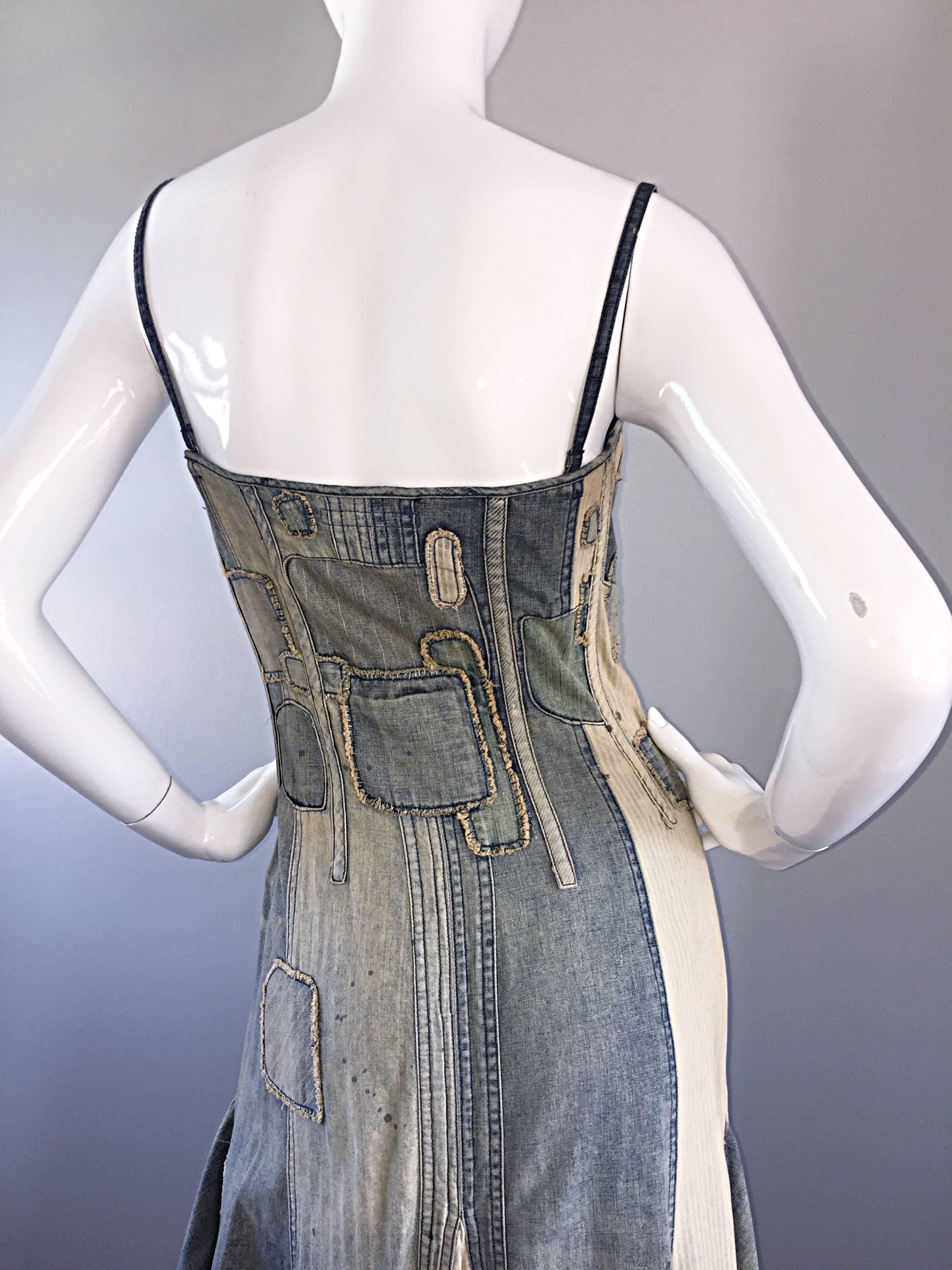 Women's Rare Ralph Lauren ' Blue Label ' 1990s Patchwork Distressed Denim Corset Dress