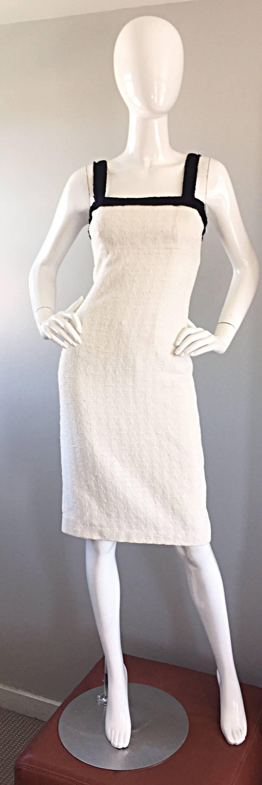 Michael Kors Collection Size 4 White and Black Textured Cotton + Silk Dress For Sale 4