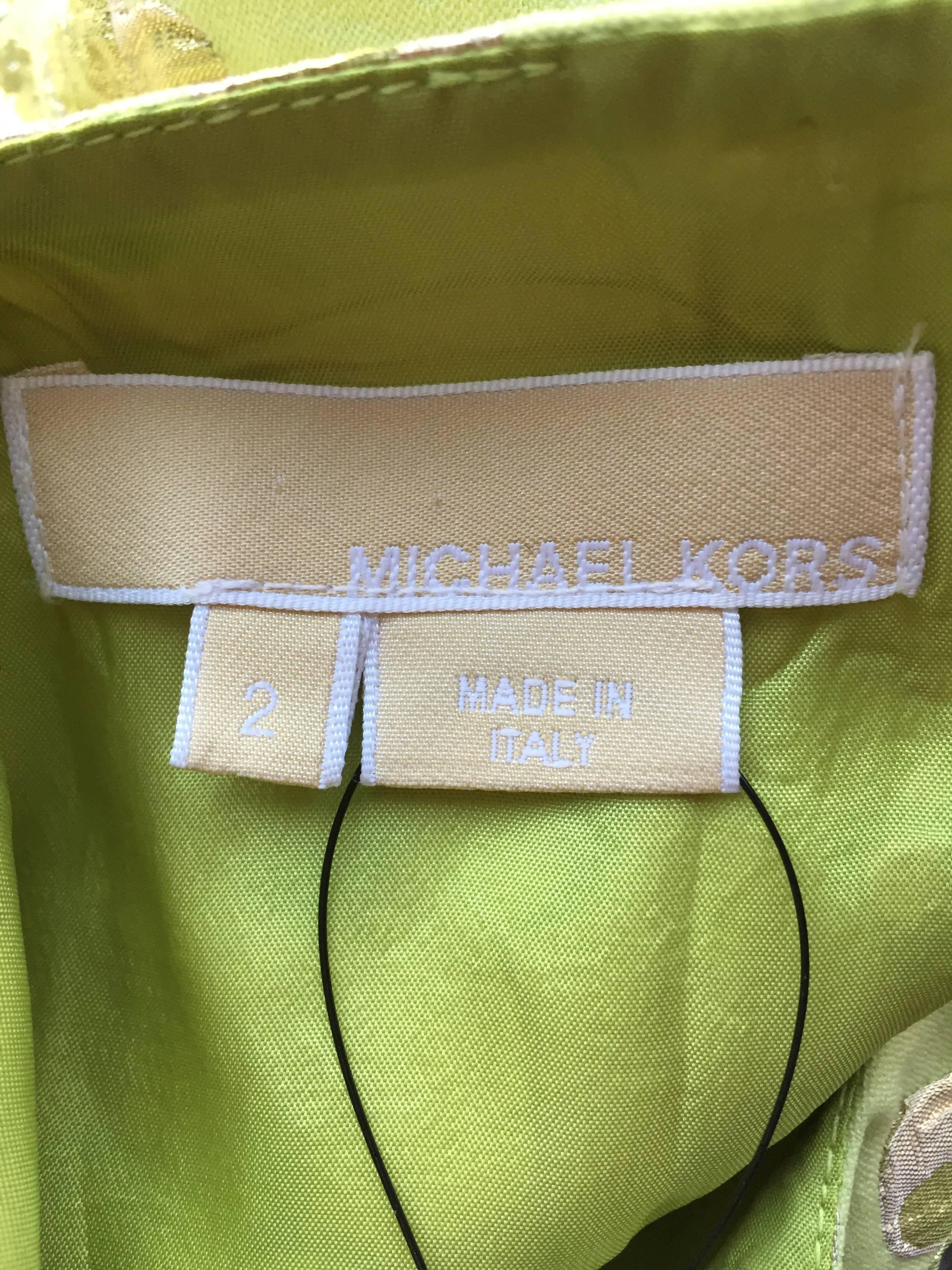 New Michael Kors Collection Mint Green + Gold Silk Plisse Flower Dress Size 2 4