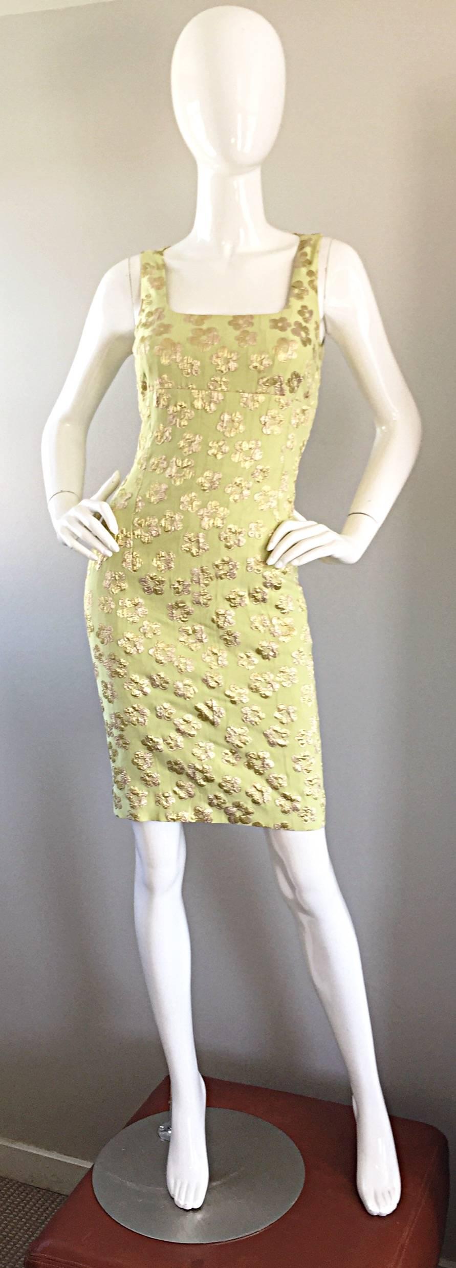 New Michael Kors Collection Mint Green + Gold Silk Plisse Flower Dress Size 2 3