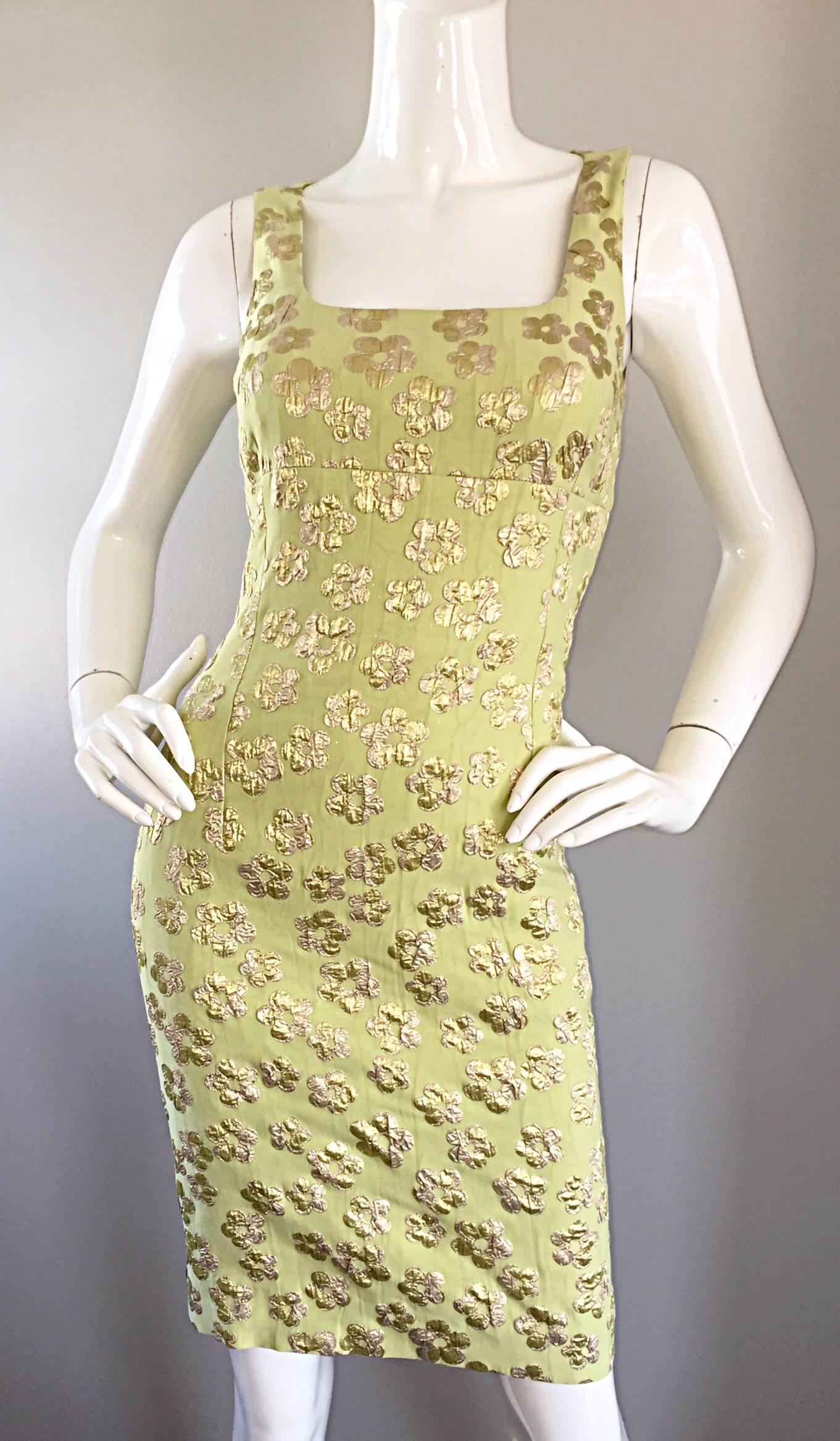 Women's New Michael Kors Collection Mint Green + Gold Silk Plisse Flower Dress Size 2