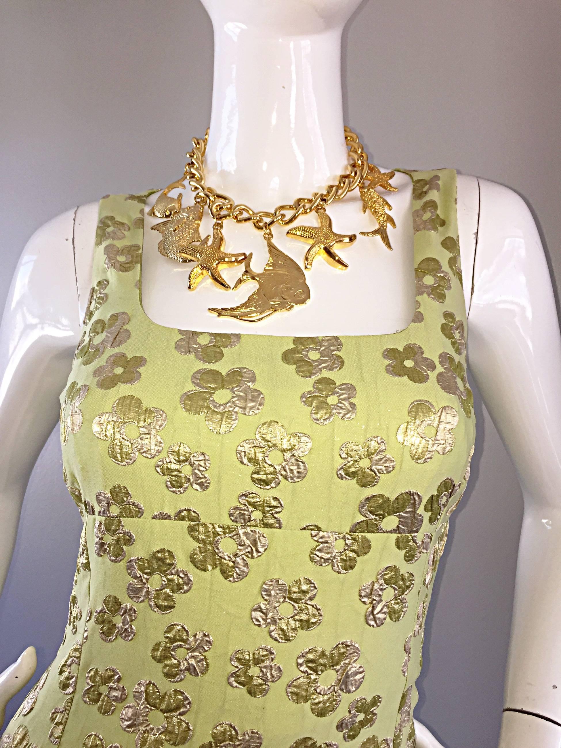 New Michael Kors Collection Mint Green + Gold Silk Plisse Flower Dress Size 2 1
