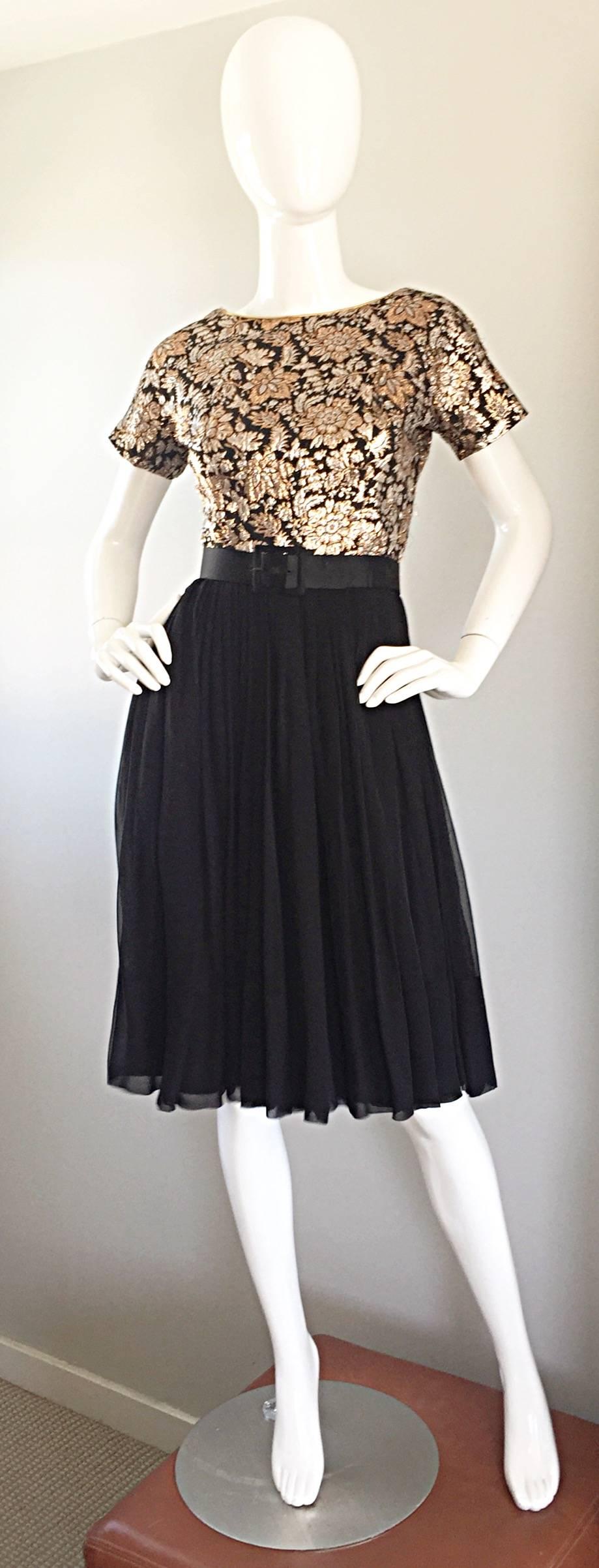 Exquisite 50s ELLIETTE LEWIS (Miss Elliette) metallic bronze, gold, silver and black silk brocade belted dress, with flowy black chiffon skirt! Chic flattering silhouette from the mid-late 1950s. Flirty full silk chiffon skirt, with layers and
