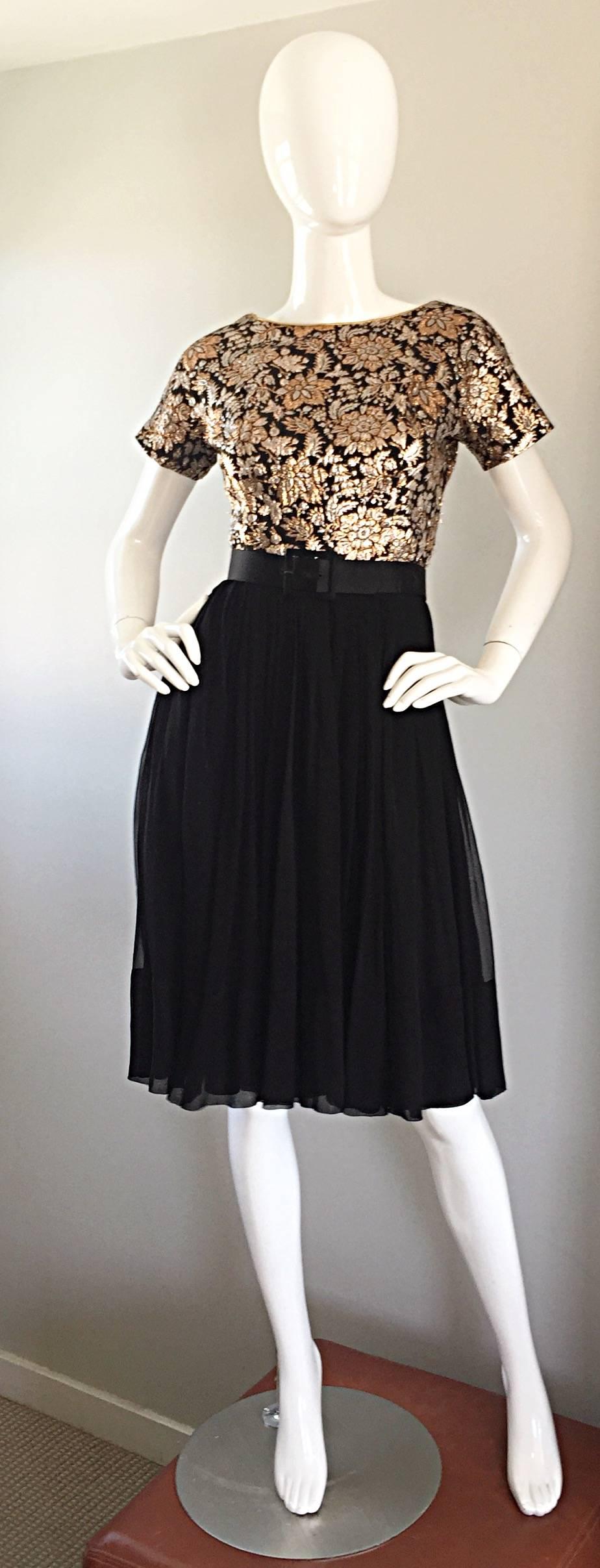 1950s Elliette Lewis Gold + Silver + Bronze Silk Brocade Vintage Chiffon Dress 4