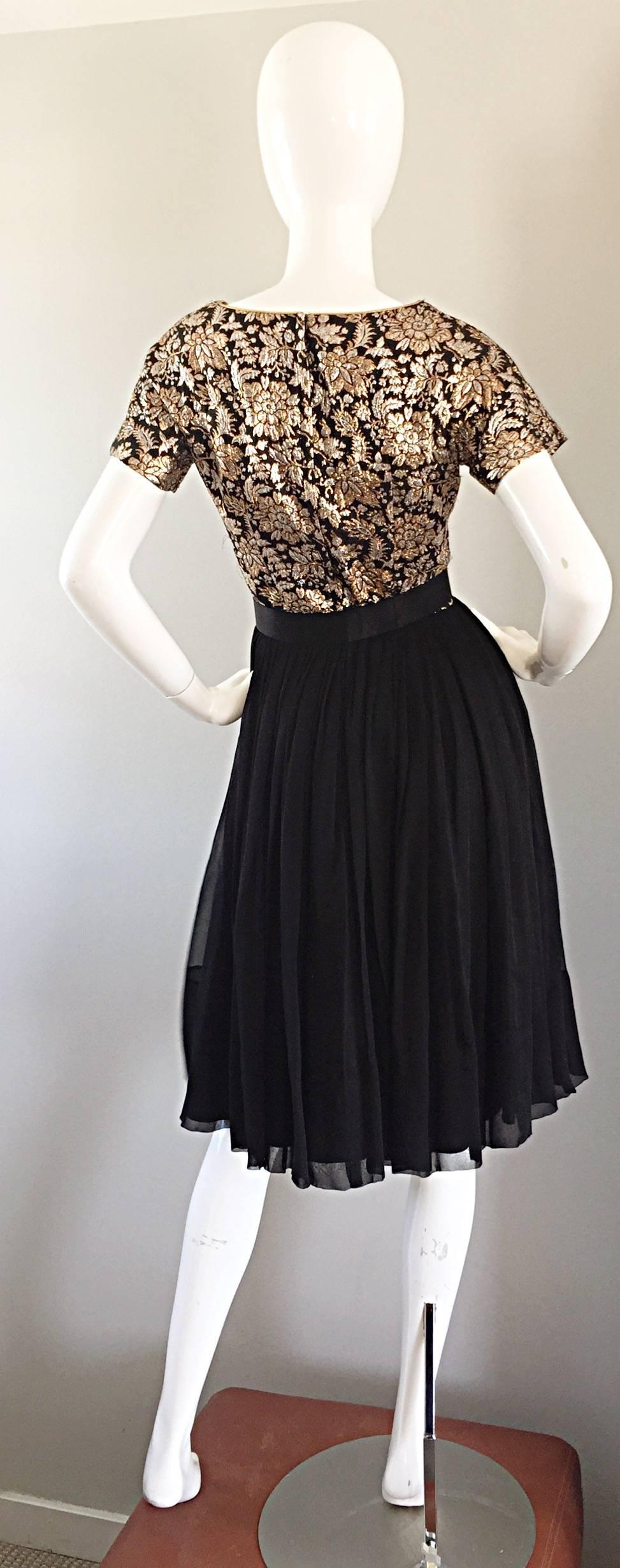 1950s Elliette Lewis Gold + Silver + Bronze Silk Brocade Vintage Chiffon Dress 3