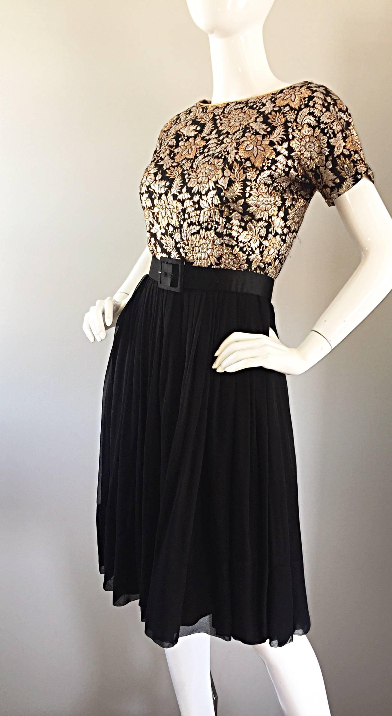 1950s Elliette Lewis Gold + Silver + Bronze Silk Brocade Vintage Chiffon Dress 2