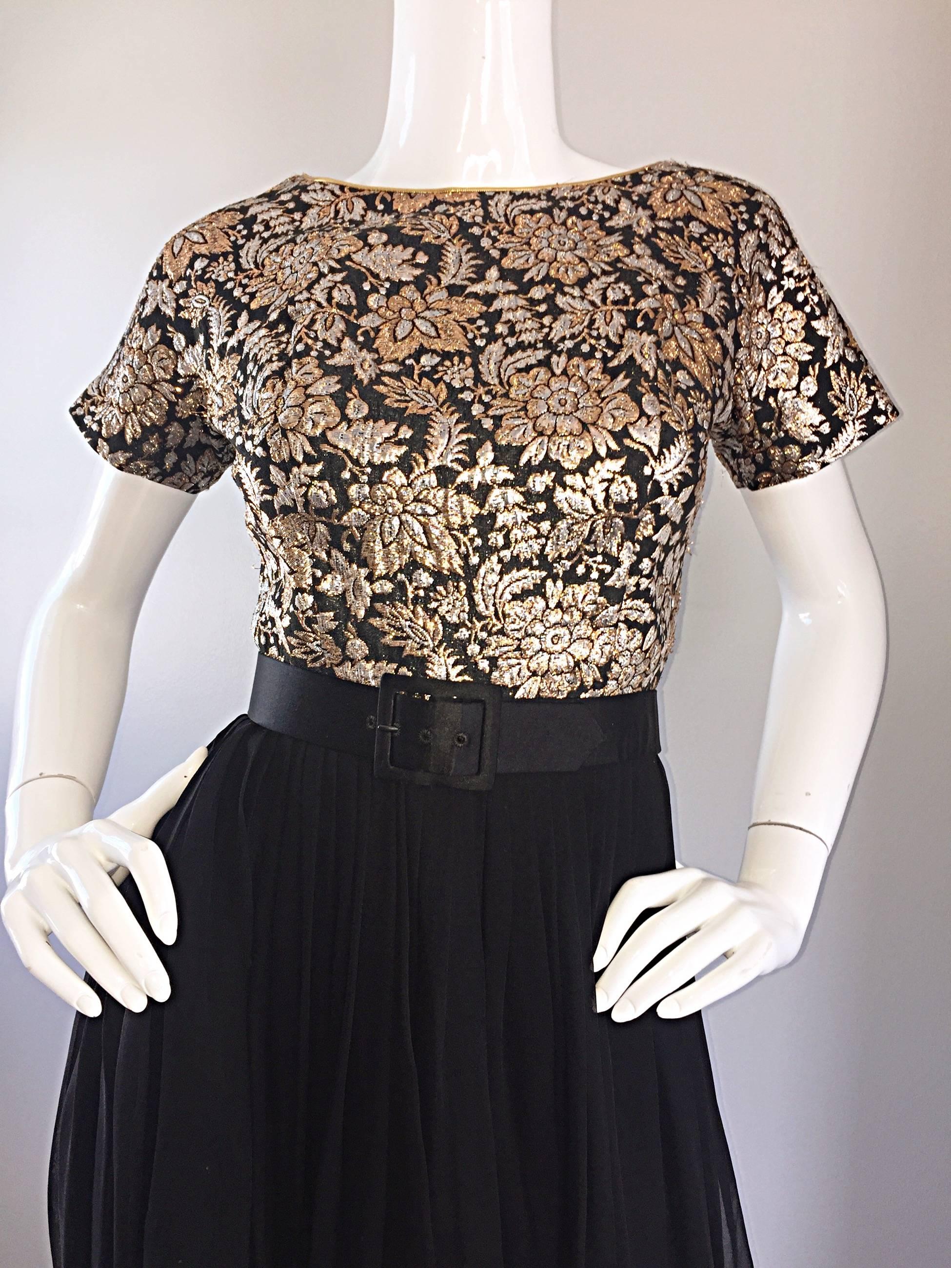Black 1950s Elliette Lewis Gold + Silver + Bronze Silk Brocade Vintage Chiffon Dress